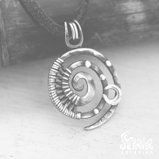 Simple minimalist spiral and moon wire wrapped silver necklace