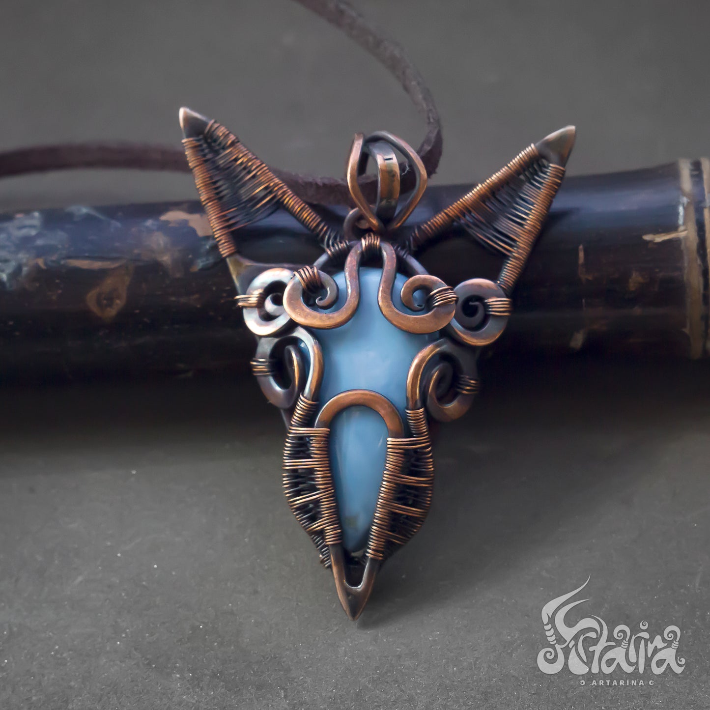 Cat ears wire wrapped pendant. Kitten Wirework blue opal stone necklace