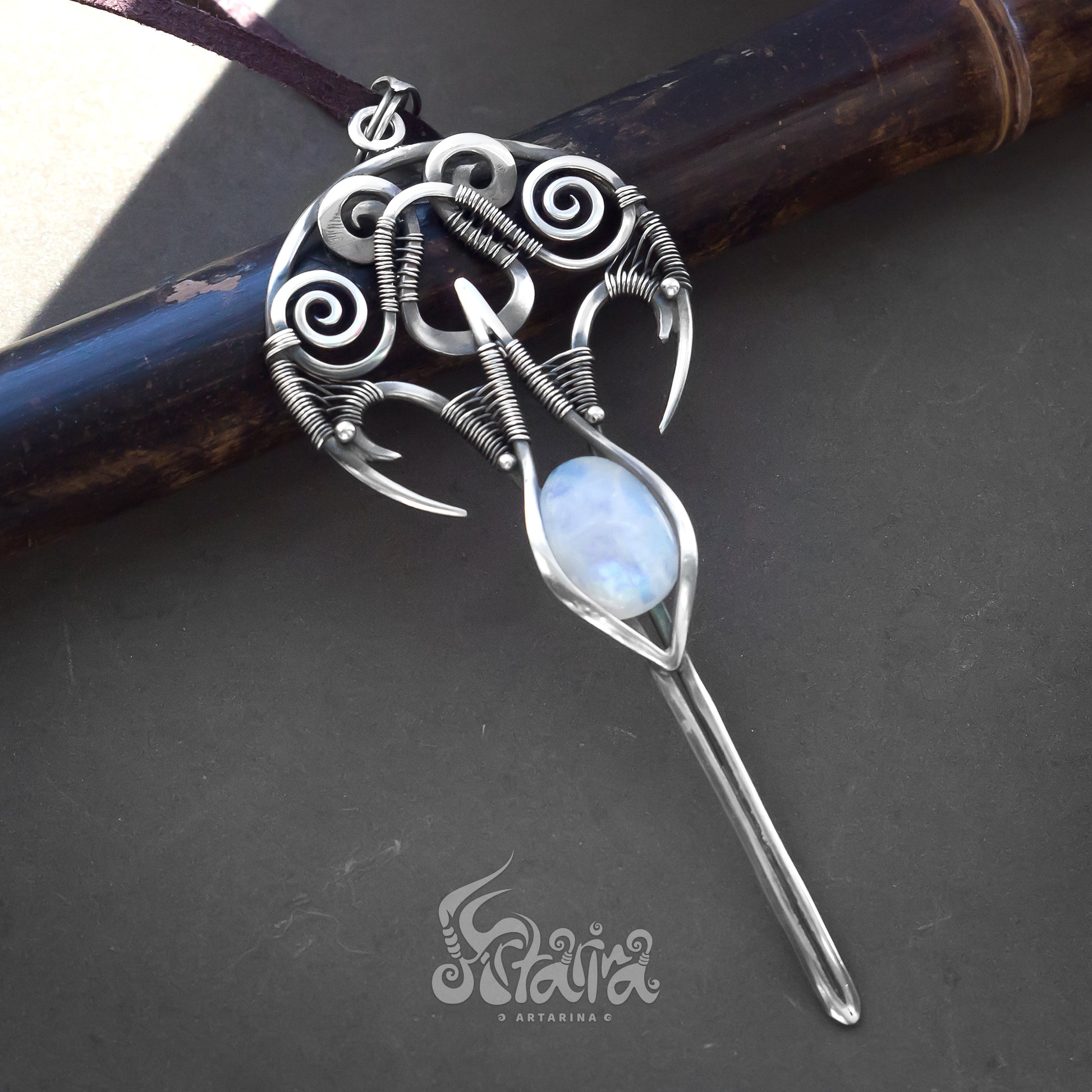 Long silver pendant necklace | Striking and fashionable piece of futuristic jewelry | Rustic long large necklace with moonstone