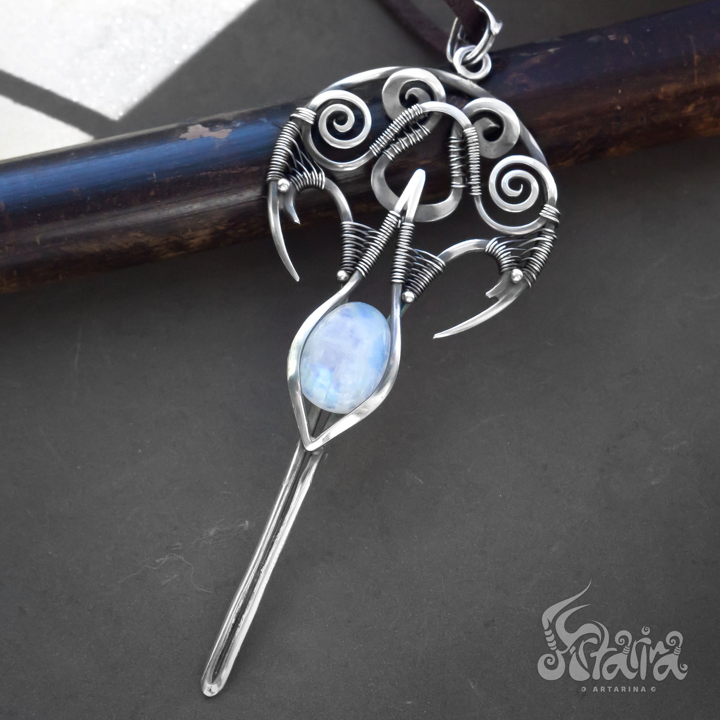 Long silver pendant necklace | Striking and fashionable piece of futuristic jewelry | Rustic long large necklace with moonstone