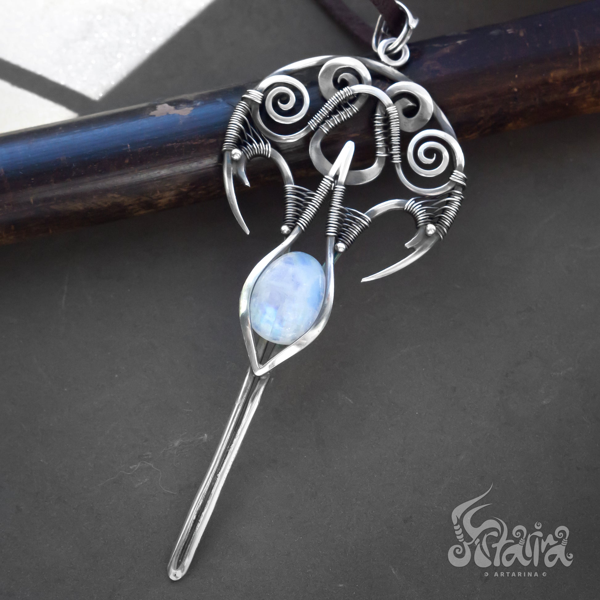 Long silver pendant necklace | Striking and fashionable piece of futuristic jewelry | Rustic long large necklace with moonstone