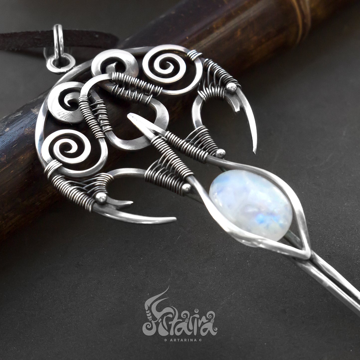 Long silver pendant necklace | Striking and fashionable piece of futuristic jewelry | Rustic long large necklace with moonstone