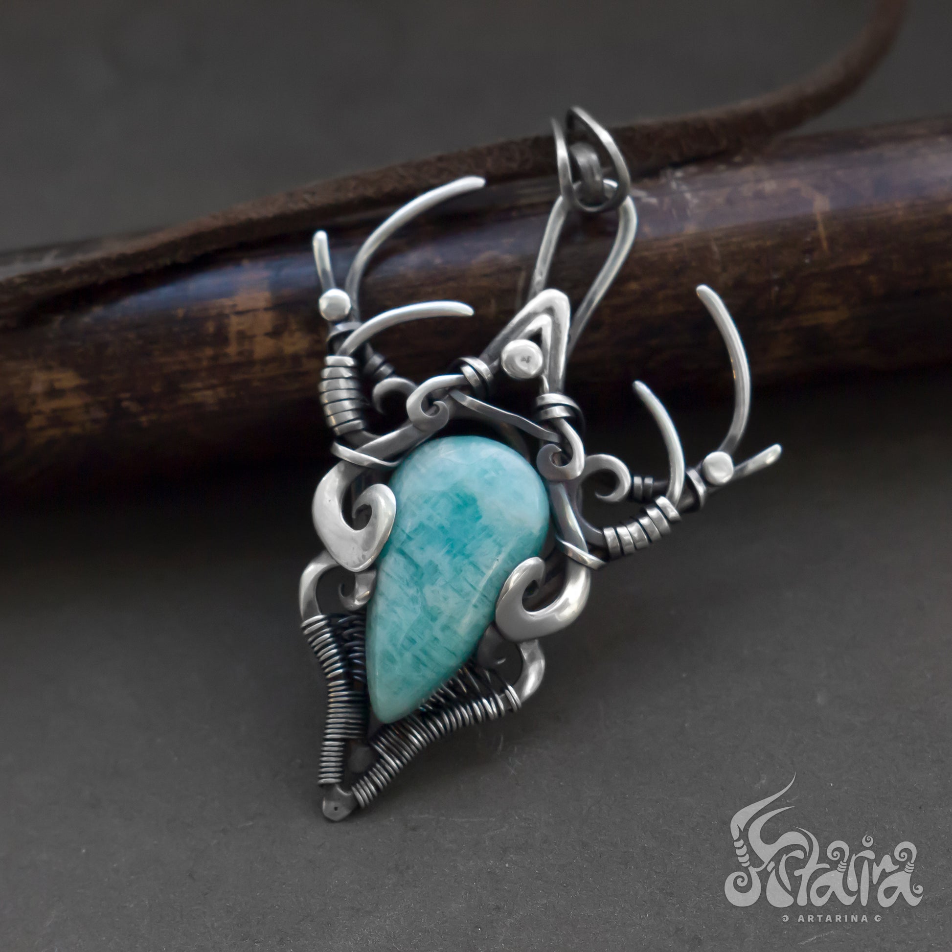 Wire wrapped sterling silver pendant | Unique one of a kind amazonite 925 silver jewelry | Artarina necklace
