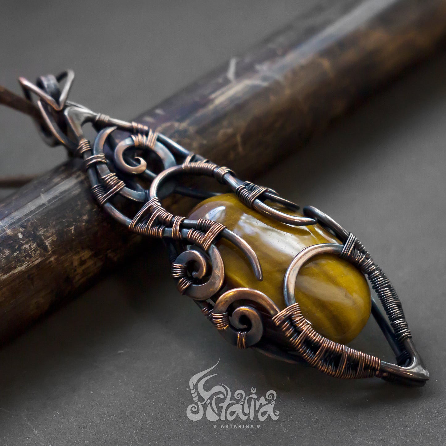 Gold witch pendant, powerful protection talisman, tigereye necklace