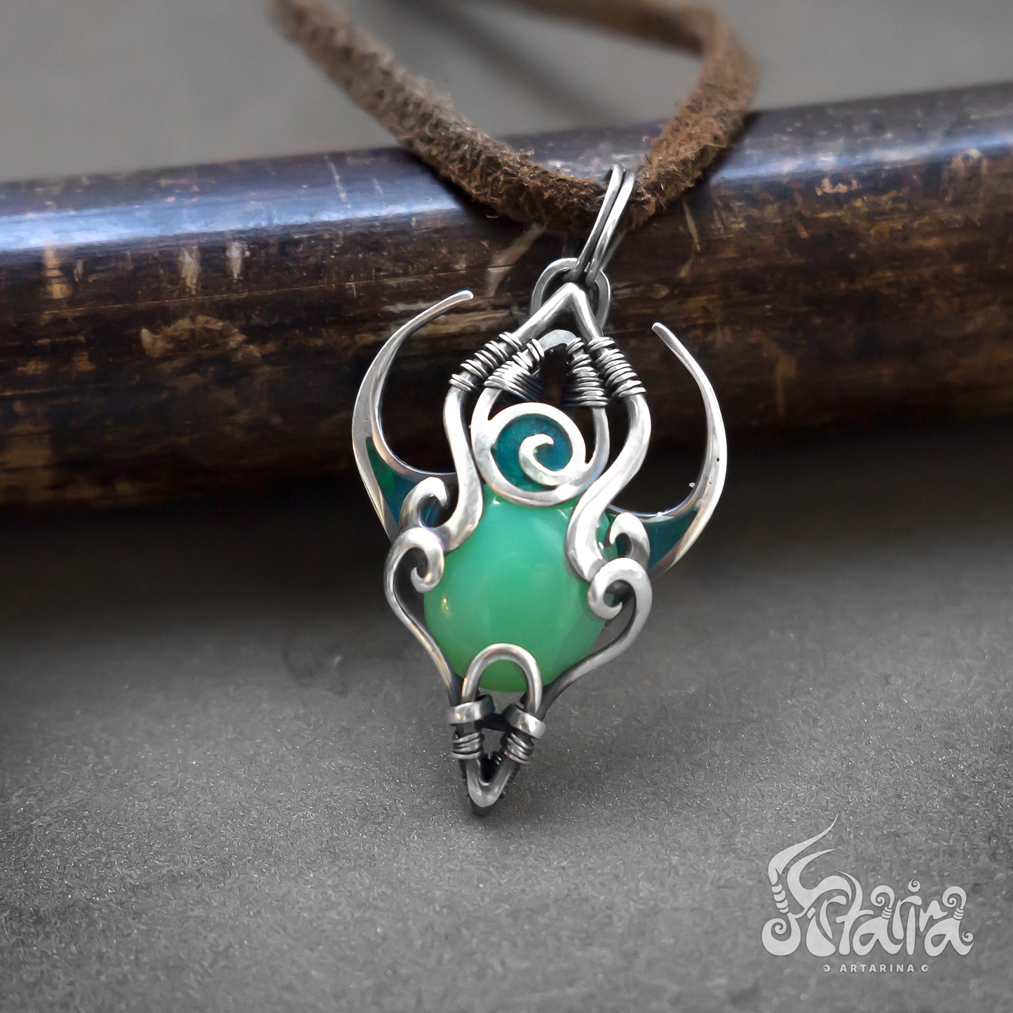 Very small silver wire necklace. Mint green chalcedony solid silver wirework pendant pic1
