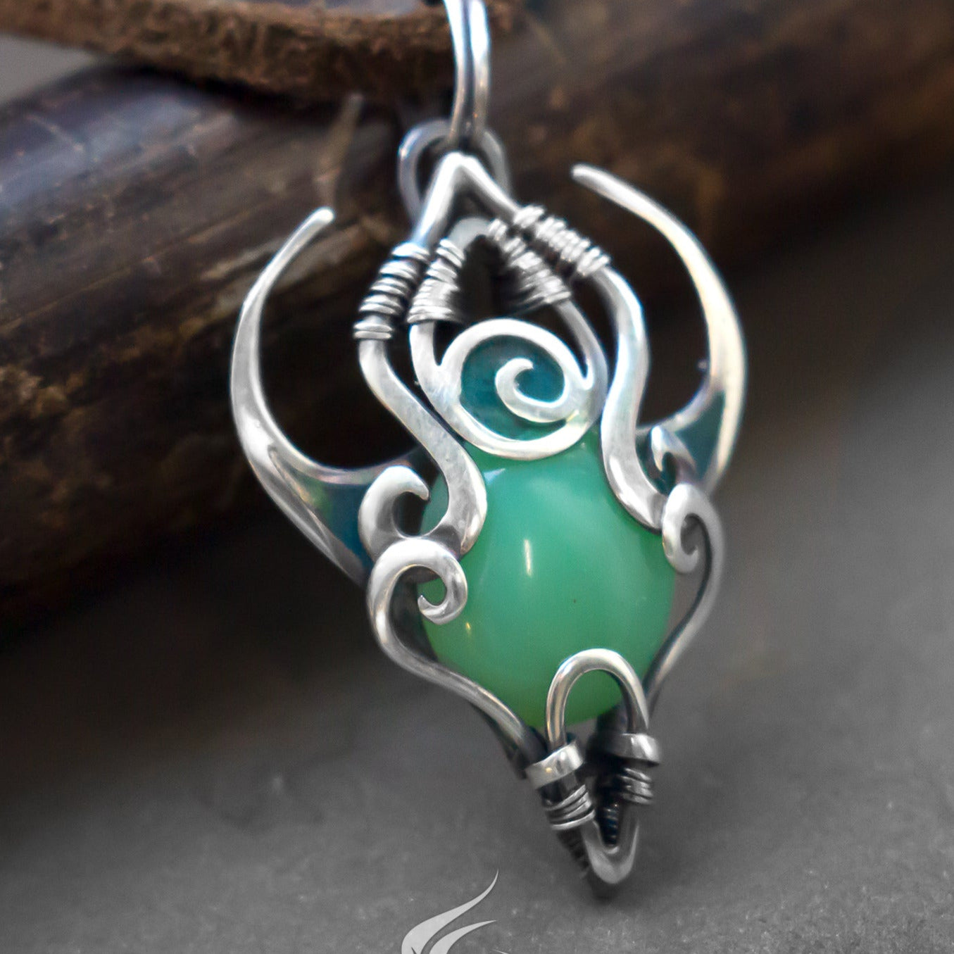 Very small silver wire necklace. Mint green chalcedony solid silver wirework pendant pic 2