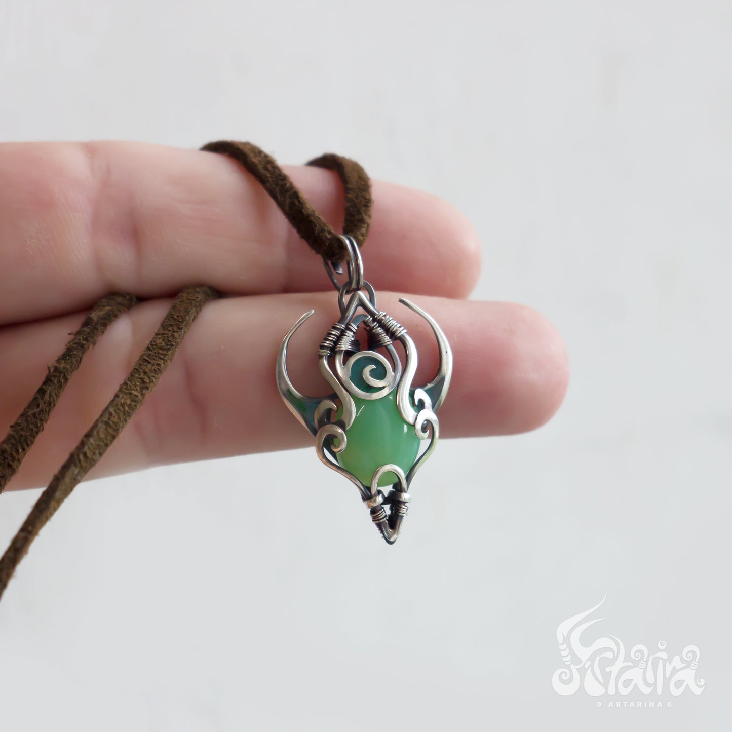 Very small silver wire necklace. Mint green chalcedony solid silver wirework pendant pic 3