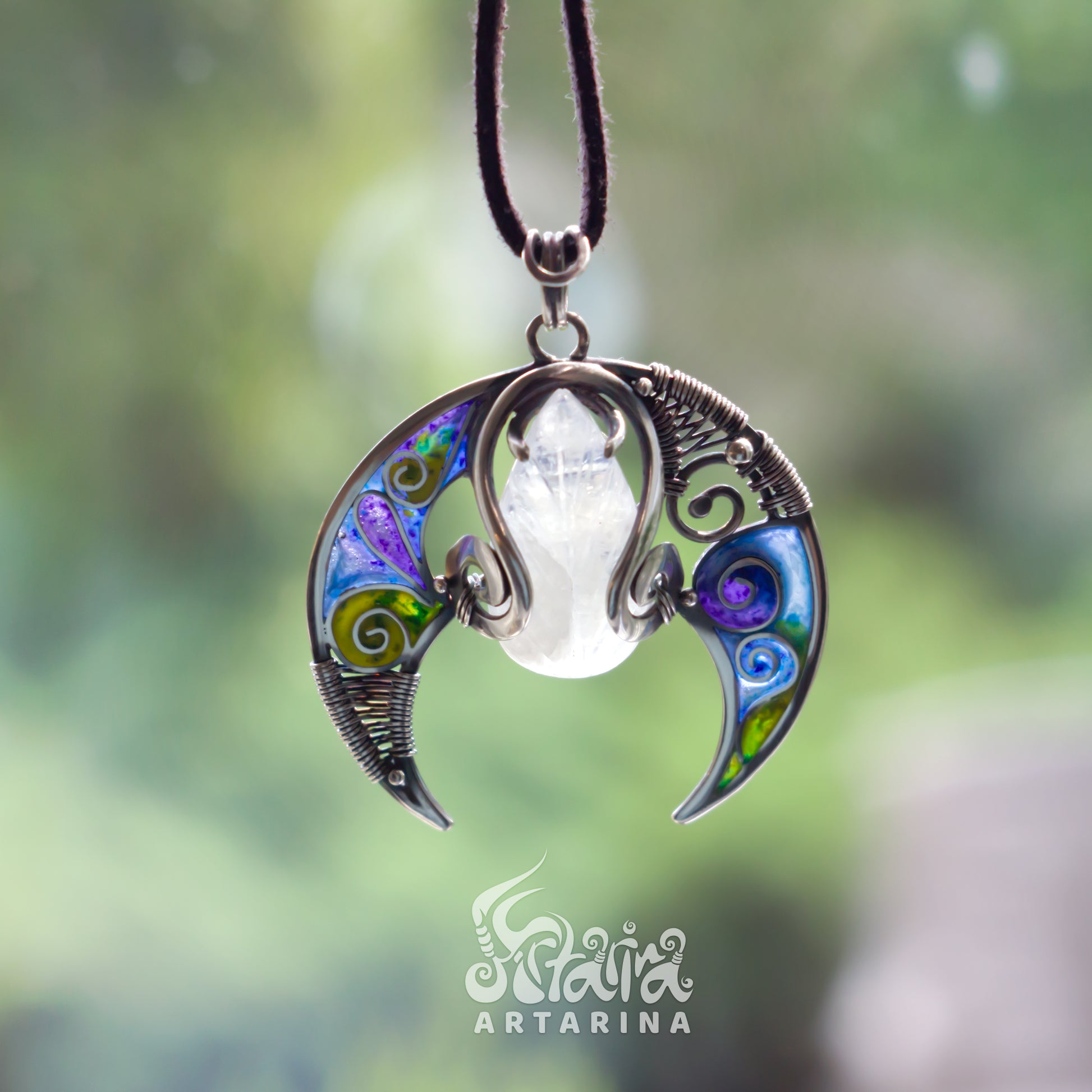 Silver wire enamel magical moon pendant with carved moonstone pic 6