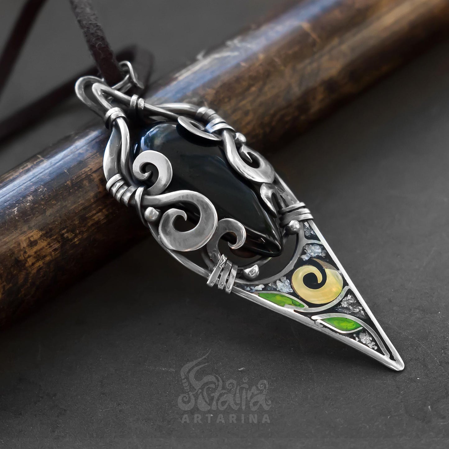 Renaissance fair pendant, protection obsidian necklace, silver obsidian, darkwear cyberpunk fashion, grandma necklace pic 4