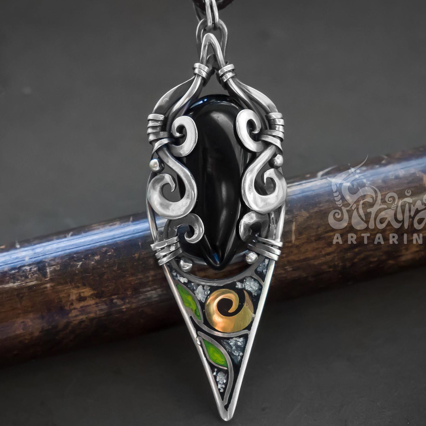 Renaissance fair pendant, protection obsidian necklace, silver obsidian, darkwear cyberpunk fashion, grandma necklace pic 2