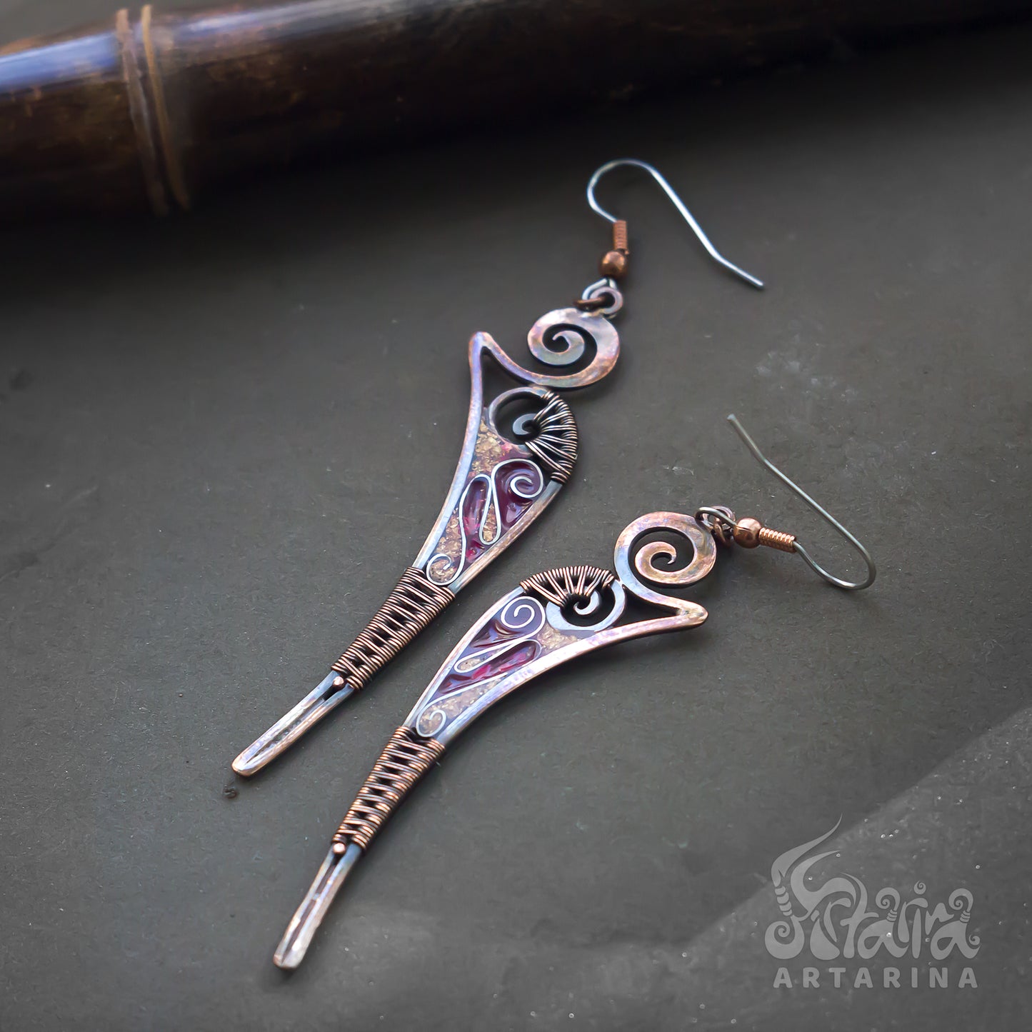 Handmade unique copper wire wrapped long earrings with crimson and gold enamel