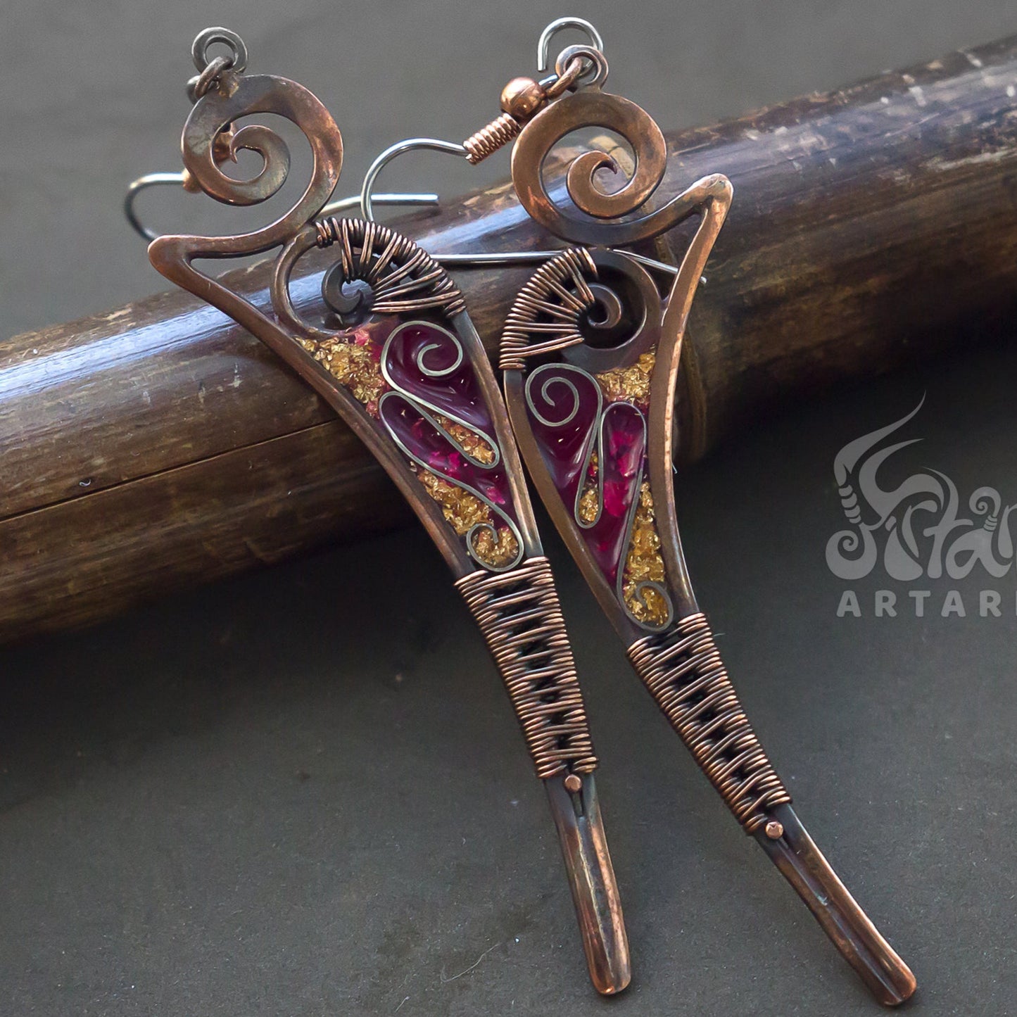 Handmade unique copper wire wrapped long earrings with crimson and gold enamel