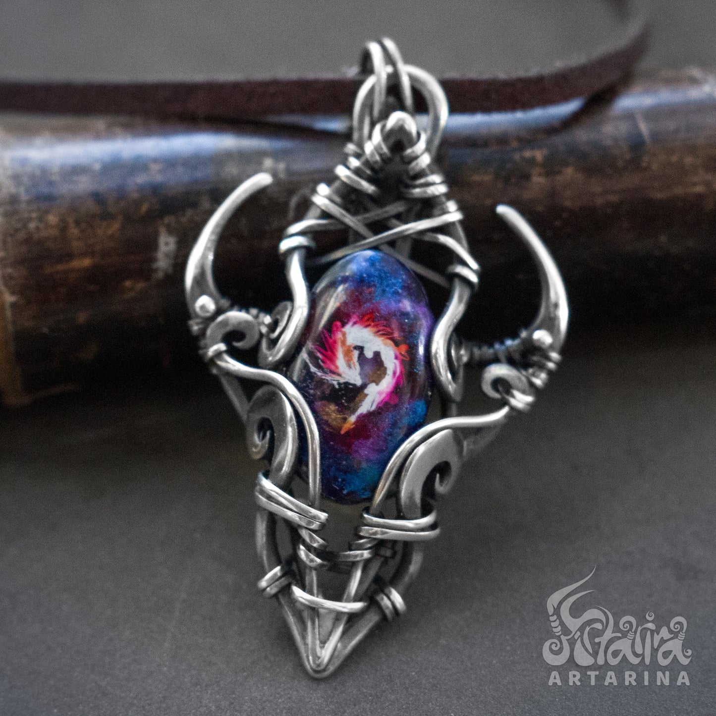 silver wire wrapped dragon pendant with hand painted dragon cabochon pic 1