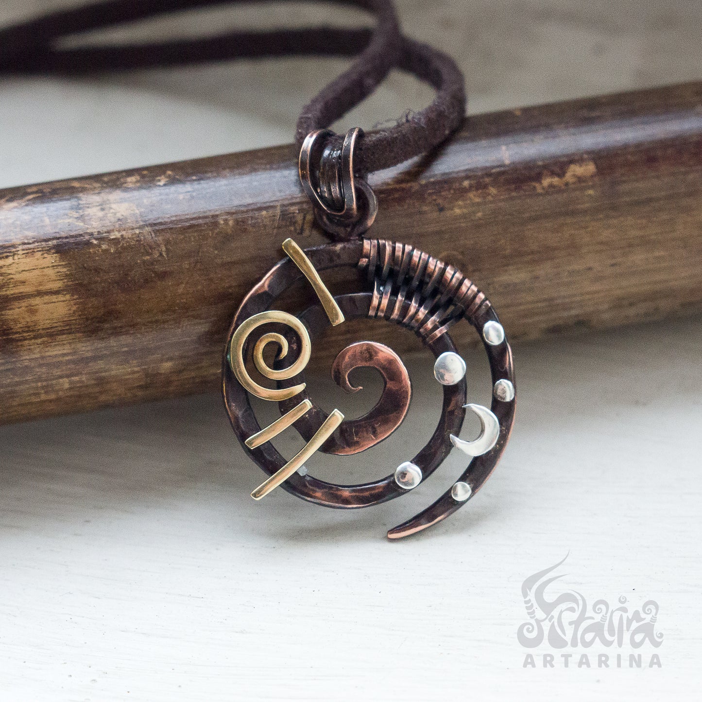 Sun and Moon wire wrapped spiral necklace