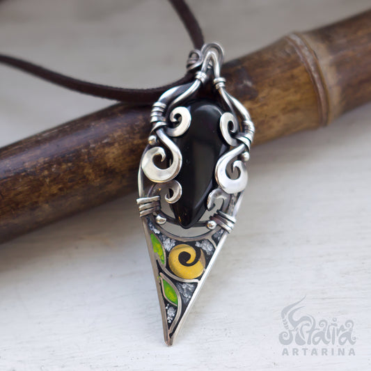 Renaissance fair pendant, protection obsidian necklace, silver obsidian, darkwear cyberpunk fashion, grandma necklace pic 1