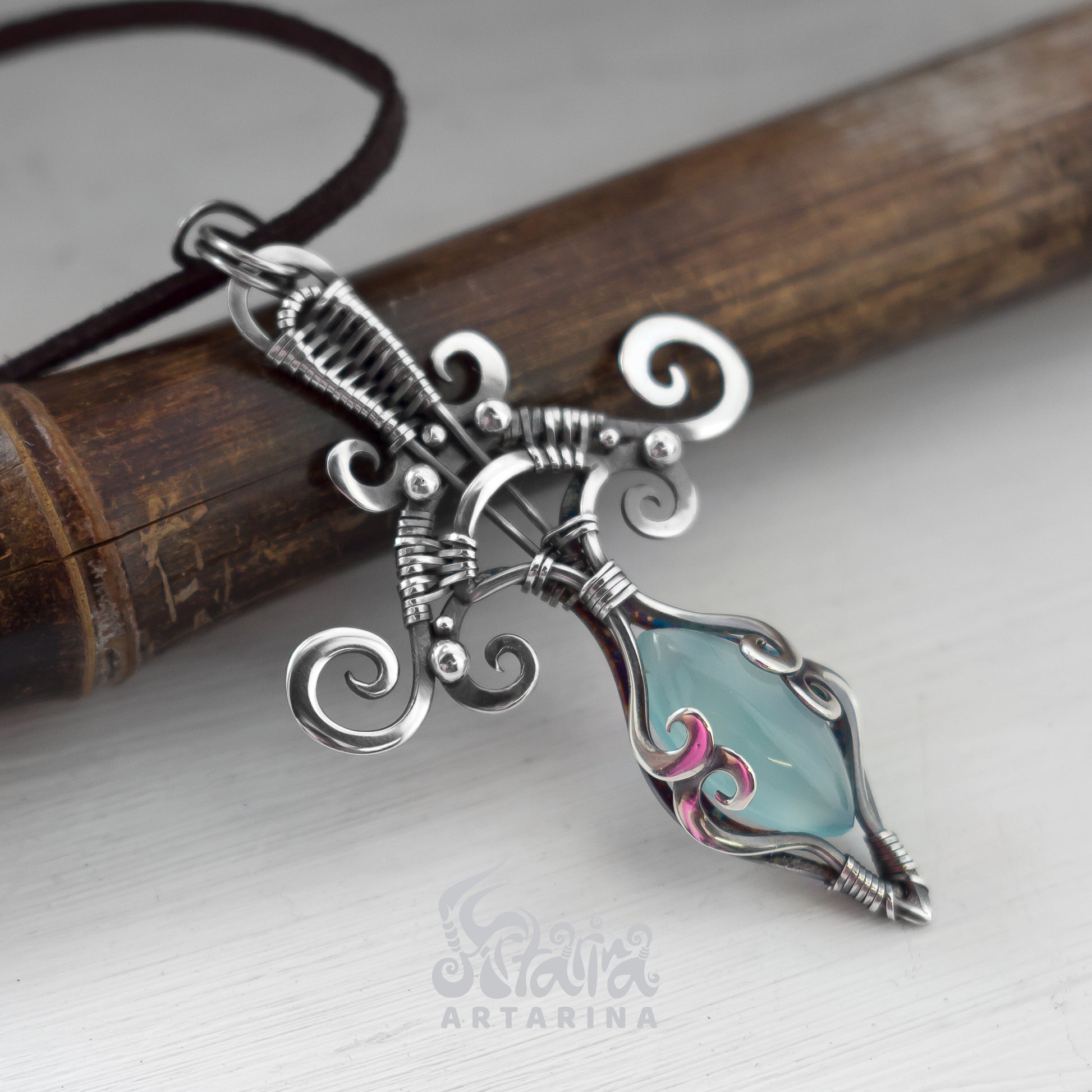 Fantasy elven silver necklace with blue chalcedony gemstone pic 5