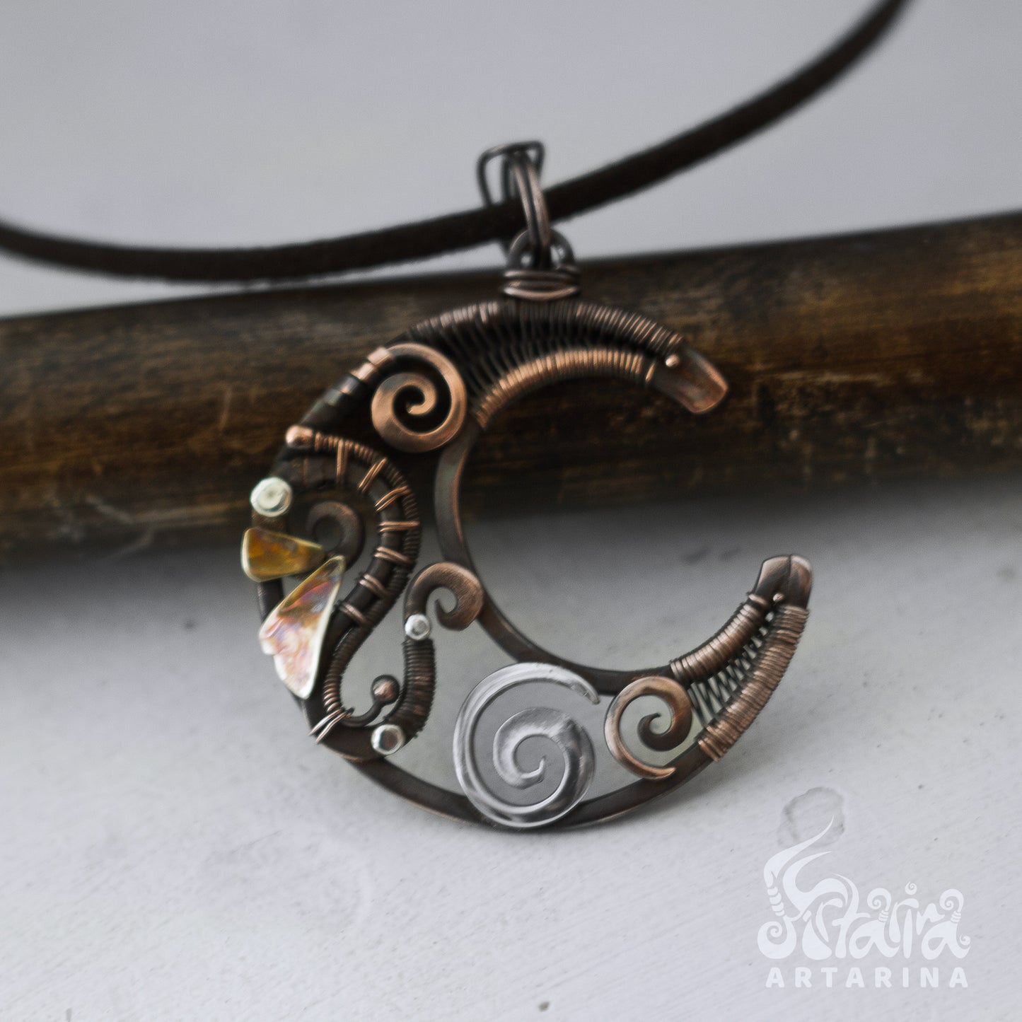 Wire wrap crescent moon sacred pendant