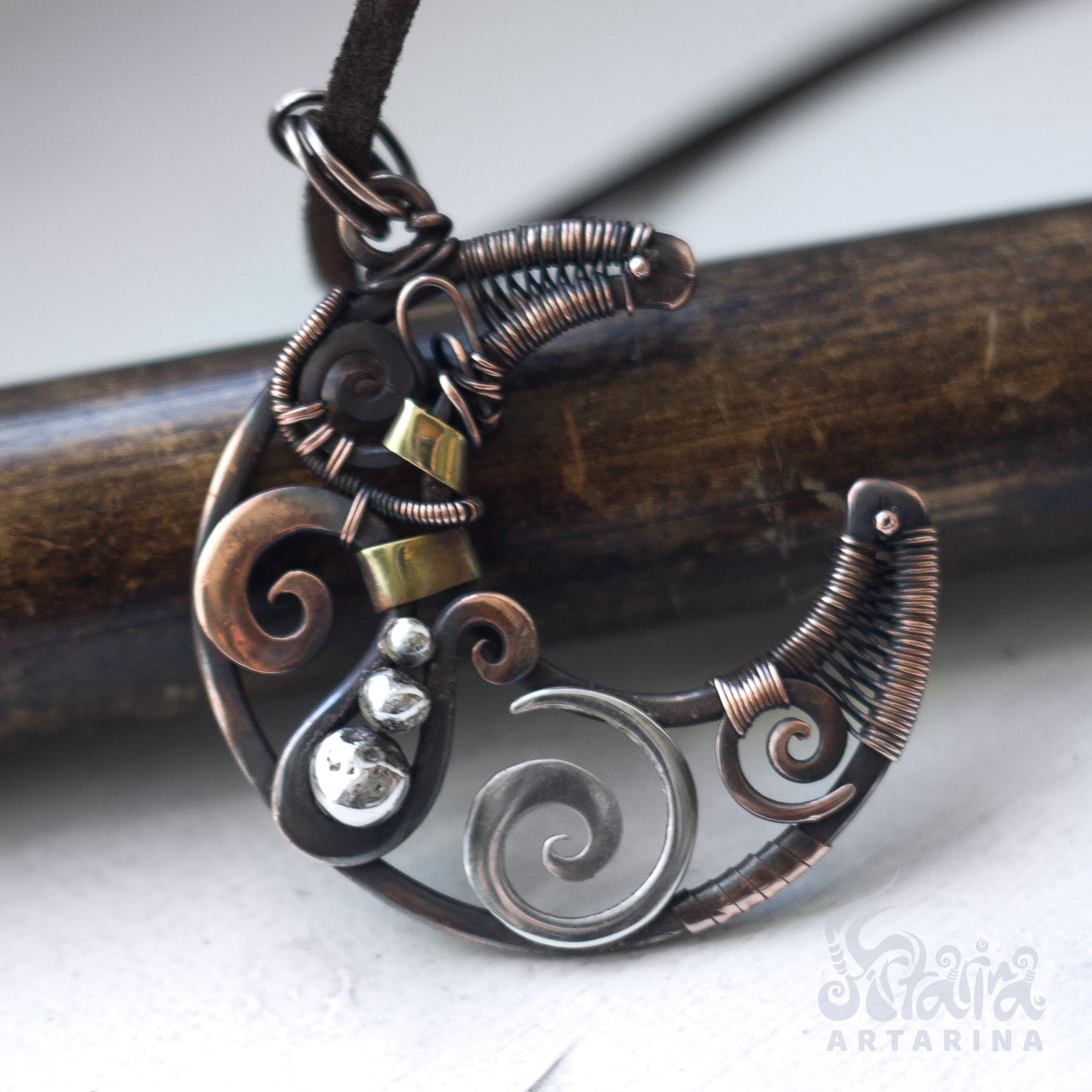 Wire wraped crescent half moon necklace