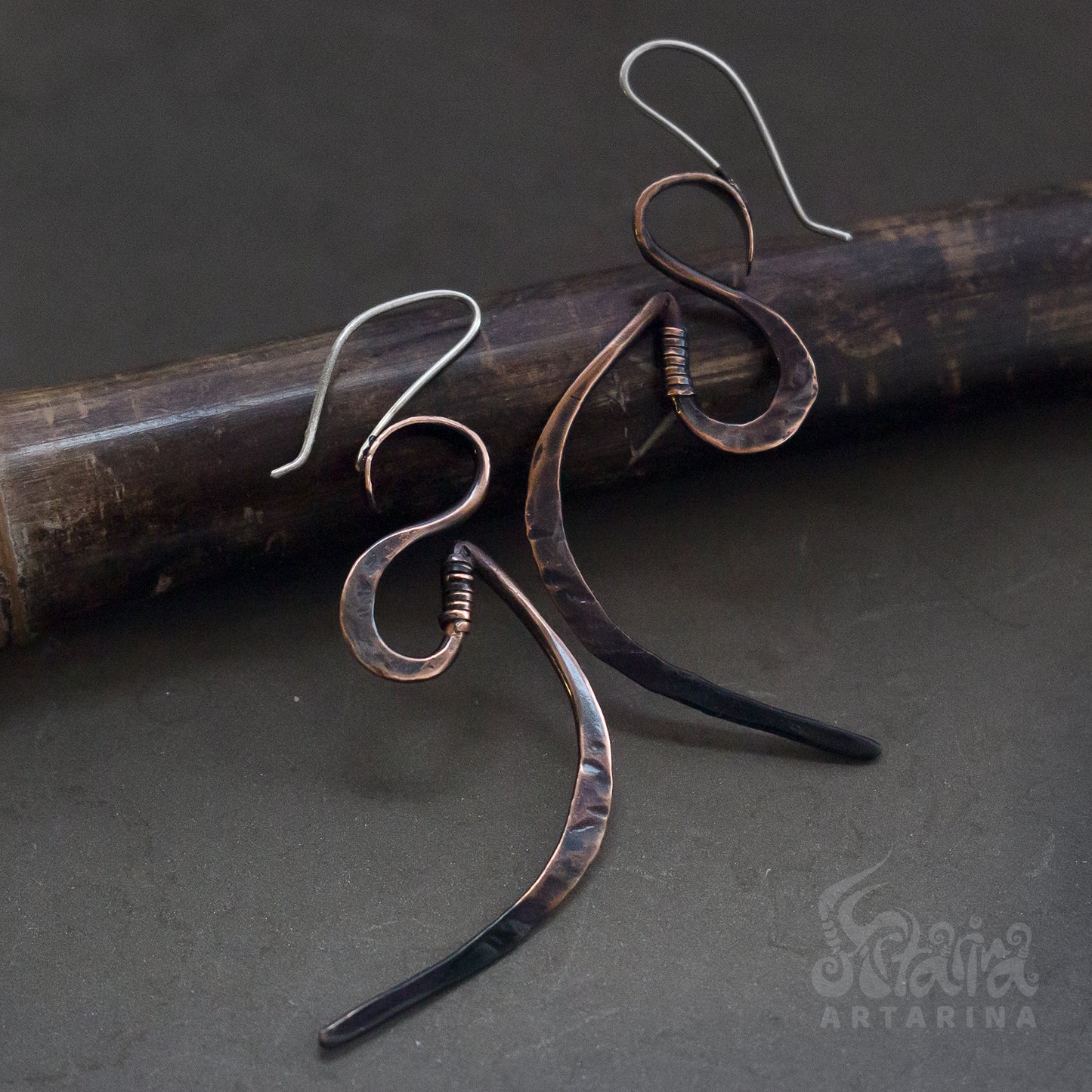 Hammered patinated Copper Dangle Earrings / Hand forged unique big copper earrings