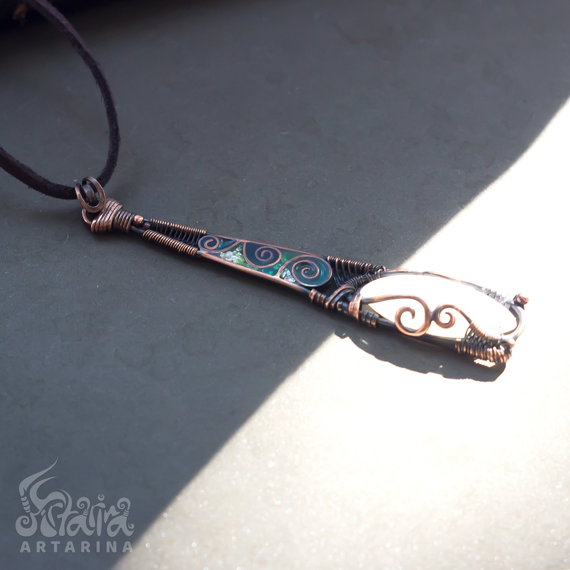 White moonstone unique deep brown copper enamel wire necklace pic 4