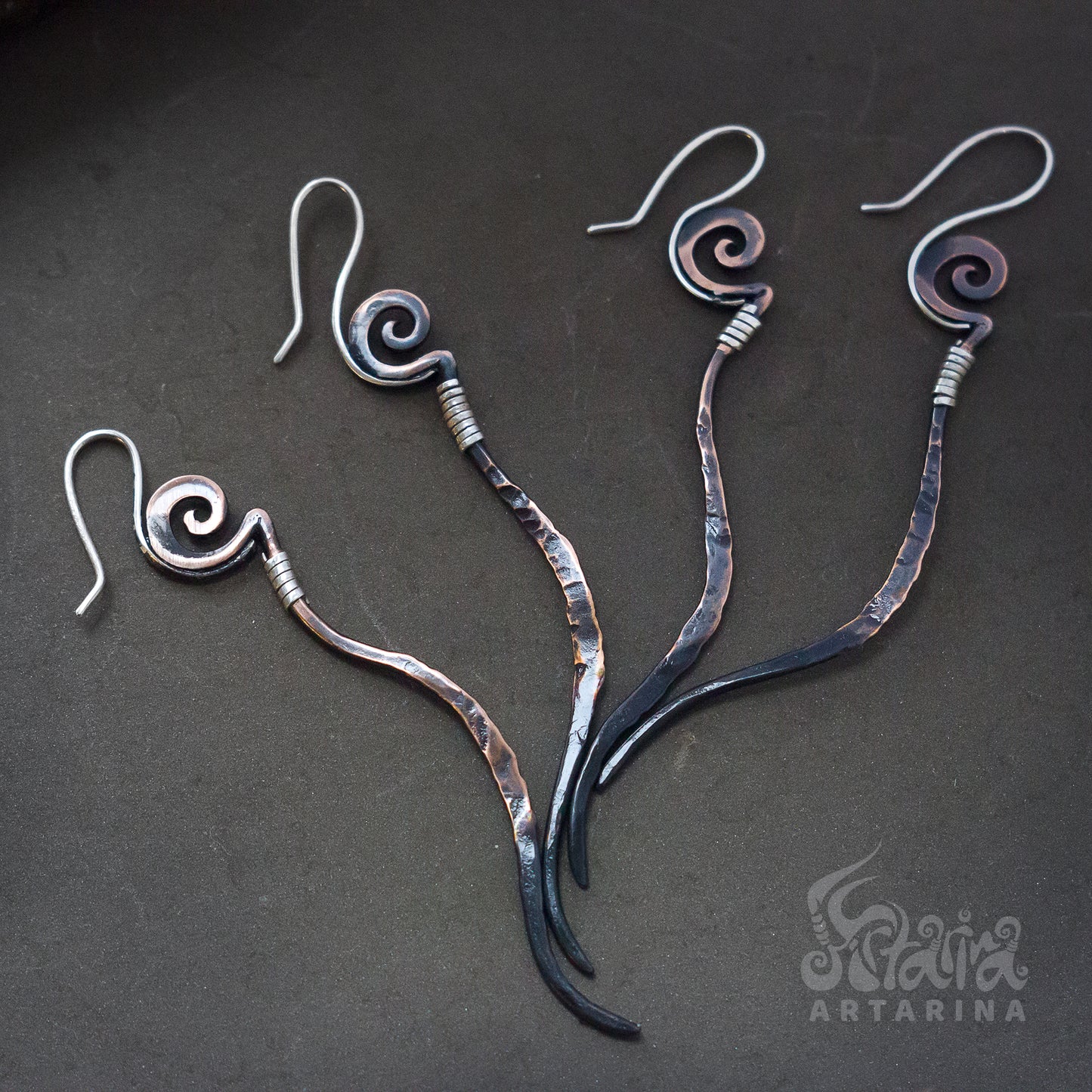 Handmade hand forged ombre earrings with balck mbre effect pic 1