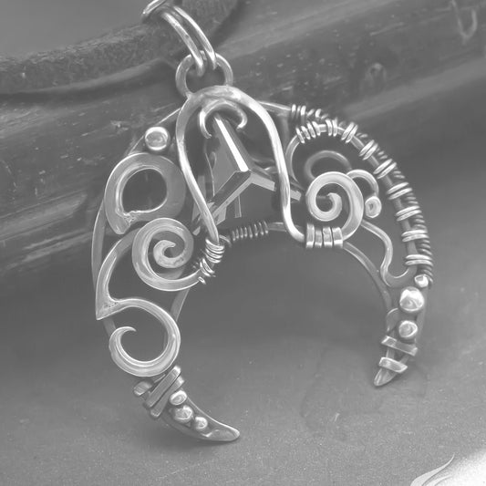 Slavic jewelry talisman necklace, silver moon phase crescent lunula necklace