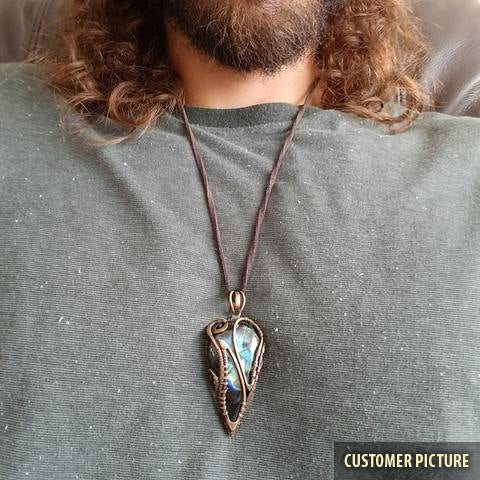 Copper wirewrap necklace on person