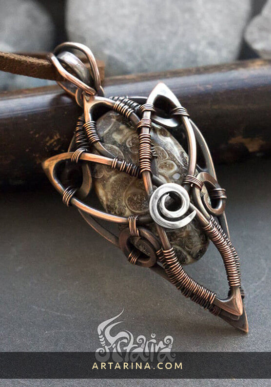 Unique handmade victorian style wire wrapped necklace made from copper, sterling silver and brown jasper cabochon.