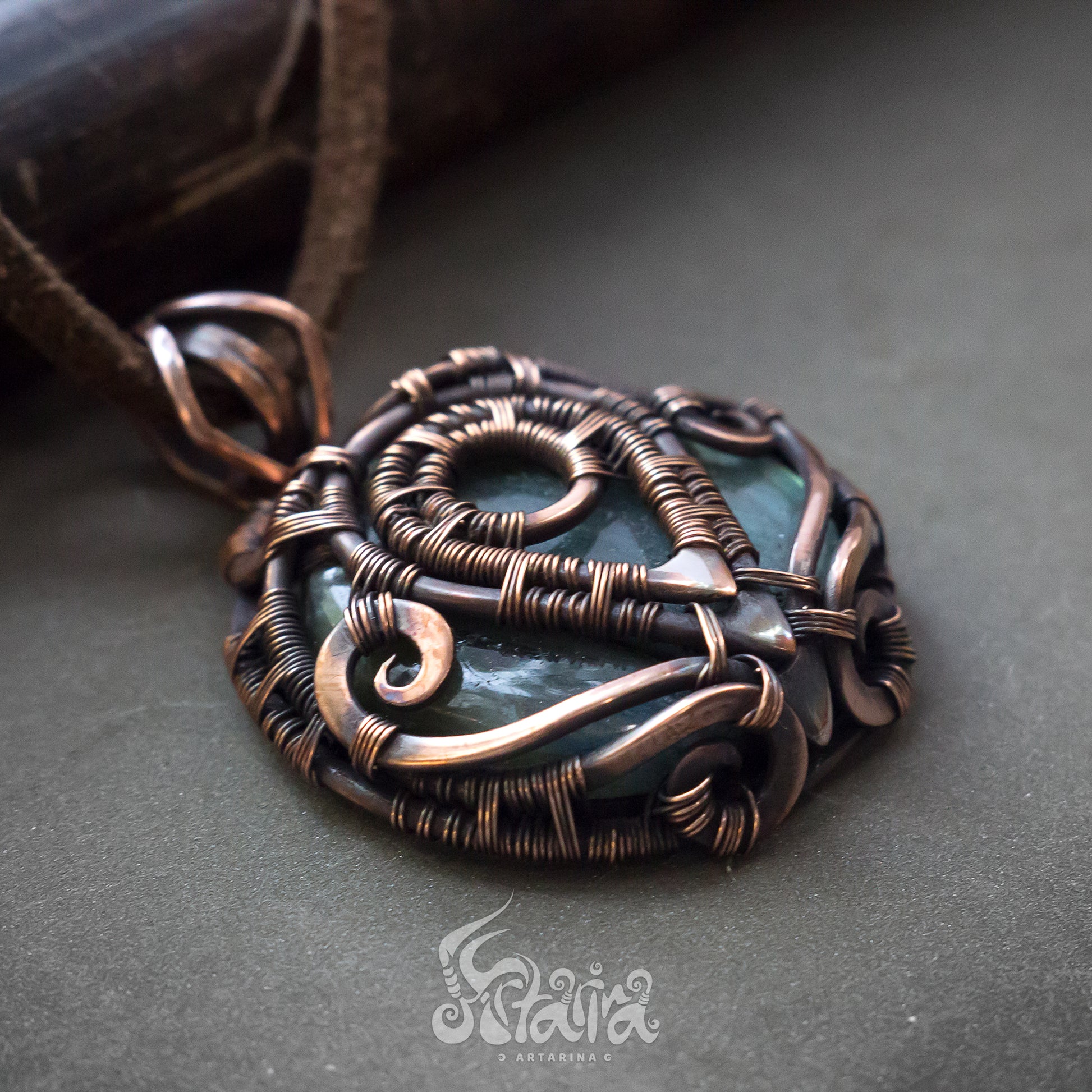 Wire wrapped pendant. Round copper wire wrap stone pendant Unique handcrafted heady bold pendant