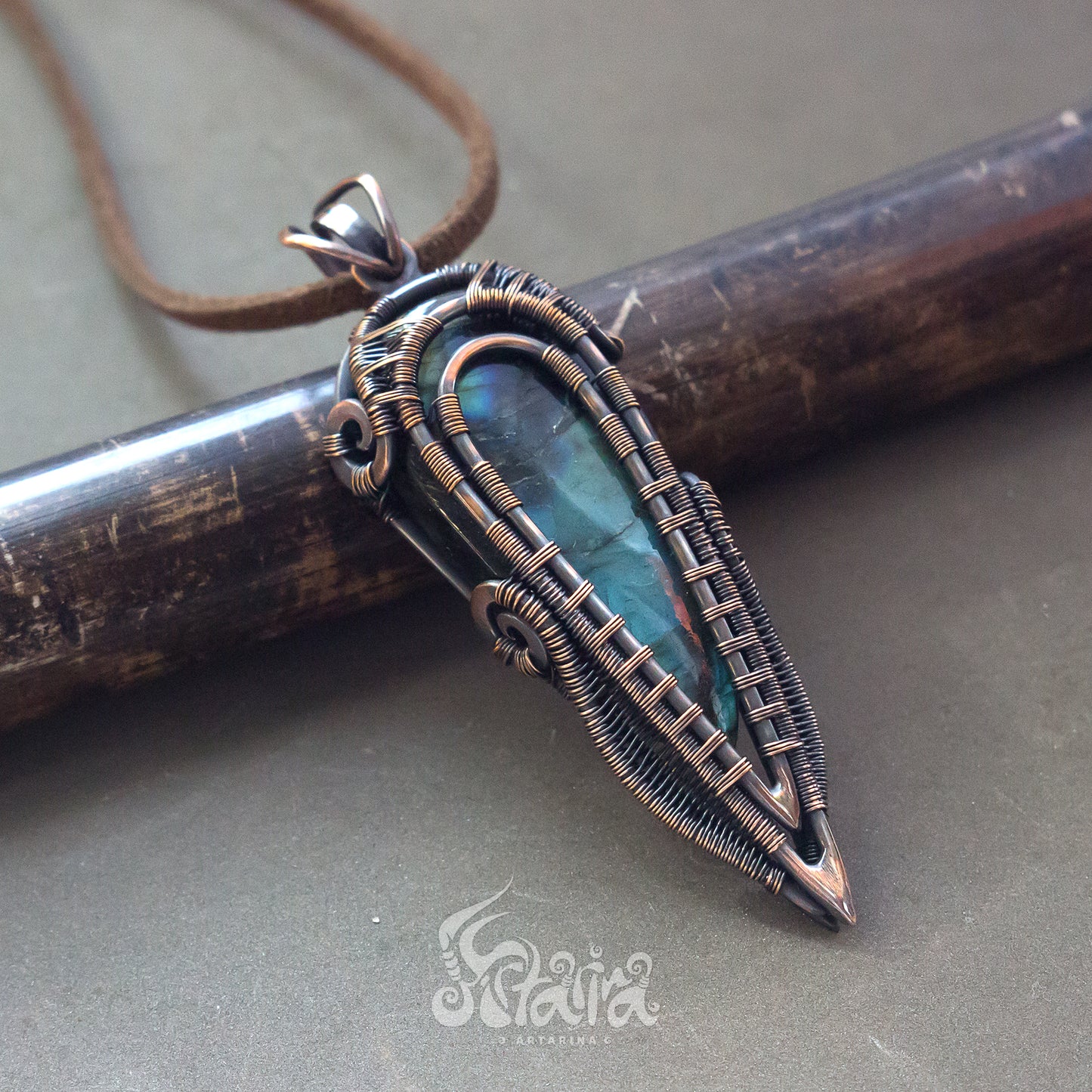 Wire wrapped pendant. Copper wire wrap stone pendant Geek rpg jewelry piece Neck mans hanger deep blue natural labradorite stone unique handcrafted necklace Pagan spiritual healing pendant on neck