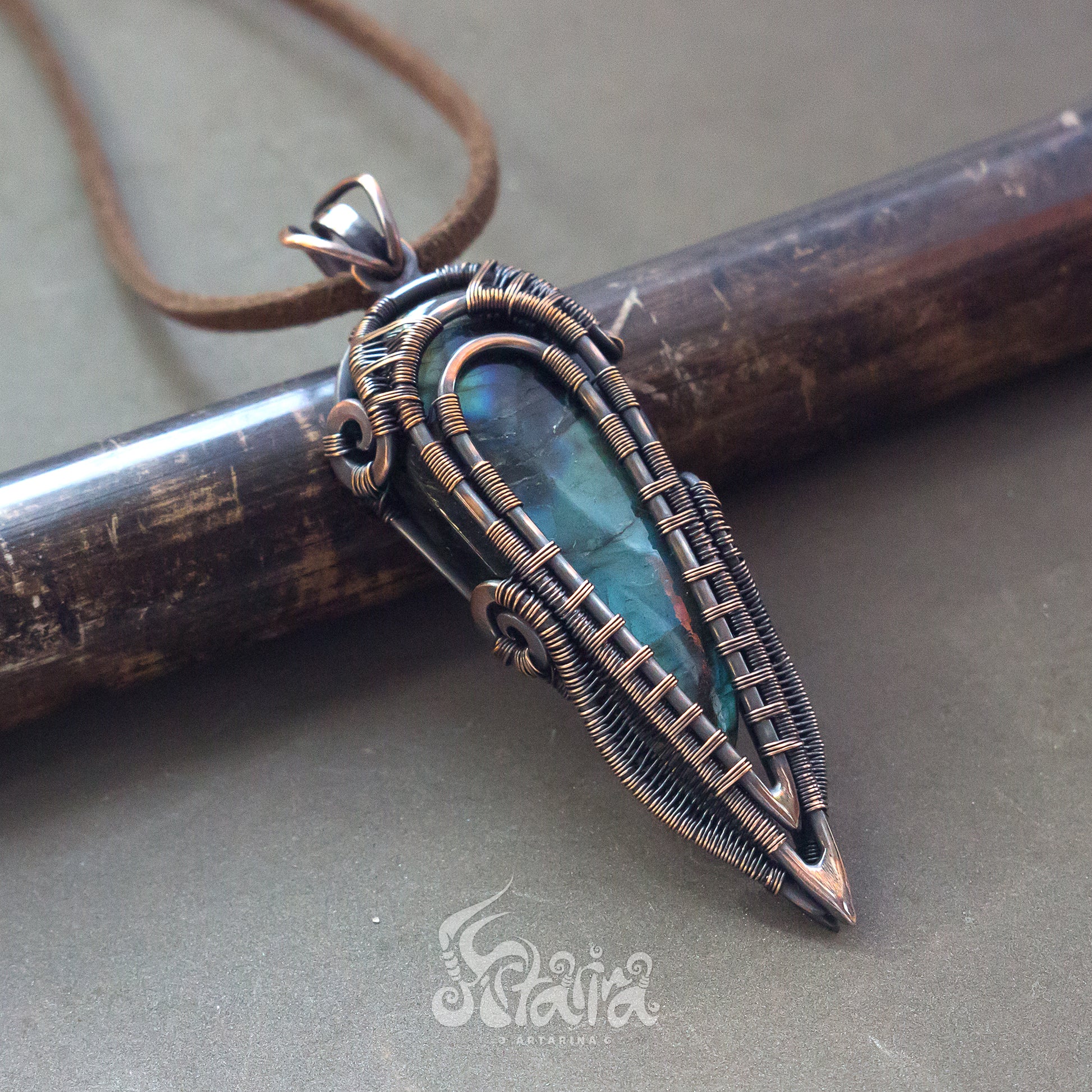 Wire wrapped pendant. Copper wire wrap stone pendant Geek rpg jewelry piece Neck mans hanger deep blue natural labradorite stone unique handcrafted necklace Pagan spiritual healing pendant on neck