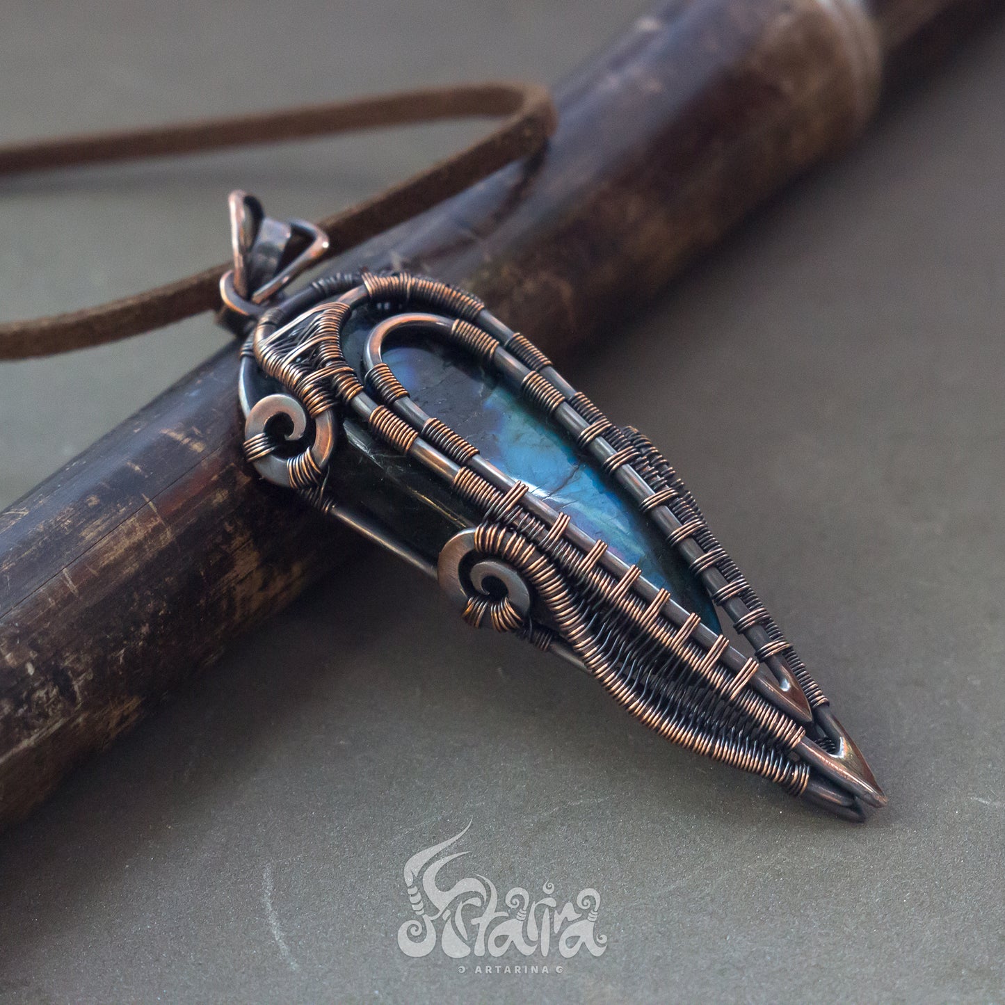 Wire wrapped pendant. Copper wire wrap stone pendant Geek rpg jewelry piece Neck mans hanger deep blue natural labradorite stone unique handcrafted necklace Pagan spiritual healing pendant on neck