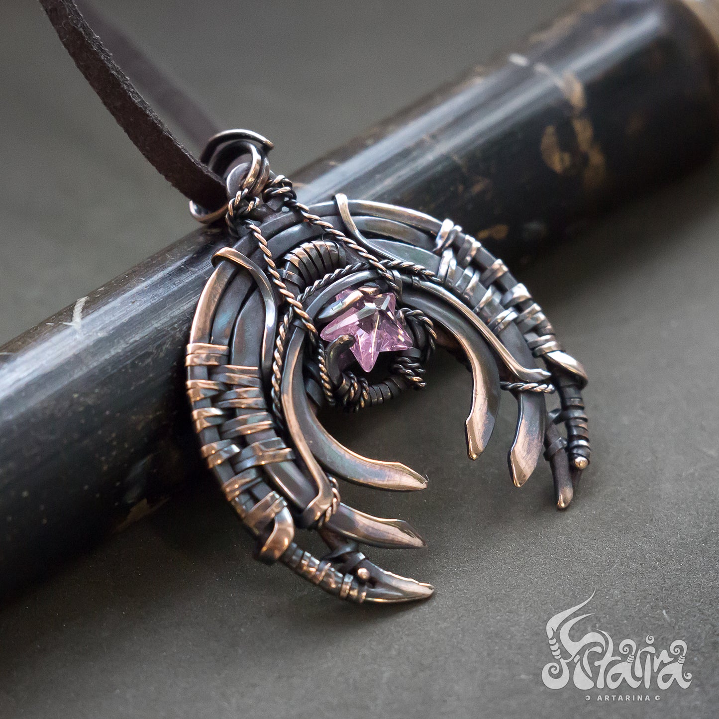 Heady wire wrapped pendant. Moon luna shape crescent pendant Small pink star stone jewelry wirework pendant Unique designer Artarina jewelry pure copper and shiny cubic zirconia necklace Unique star jewelry Star wire wrapped necklace