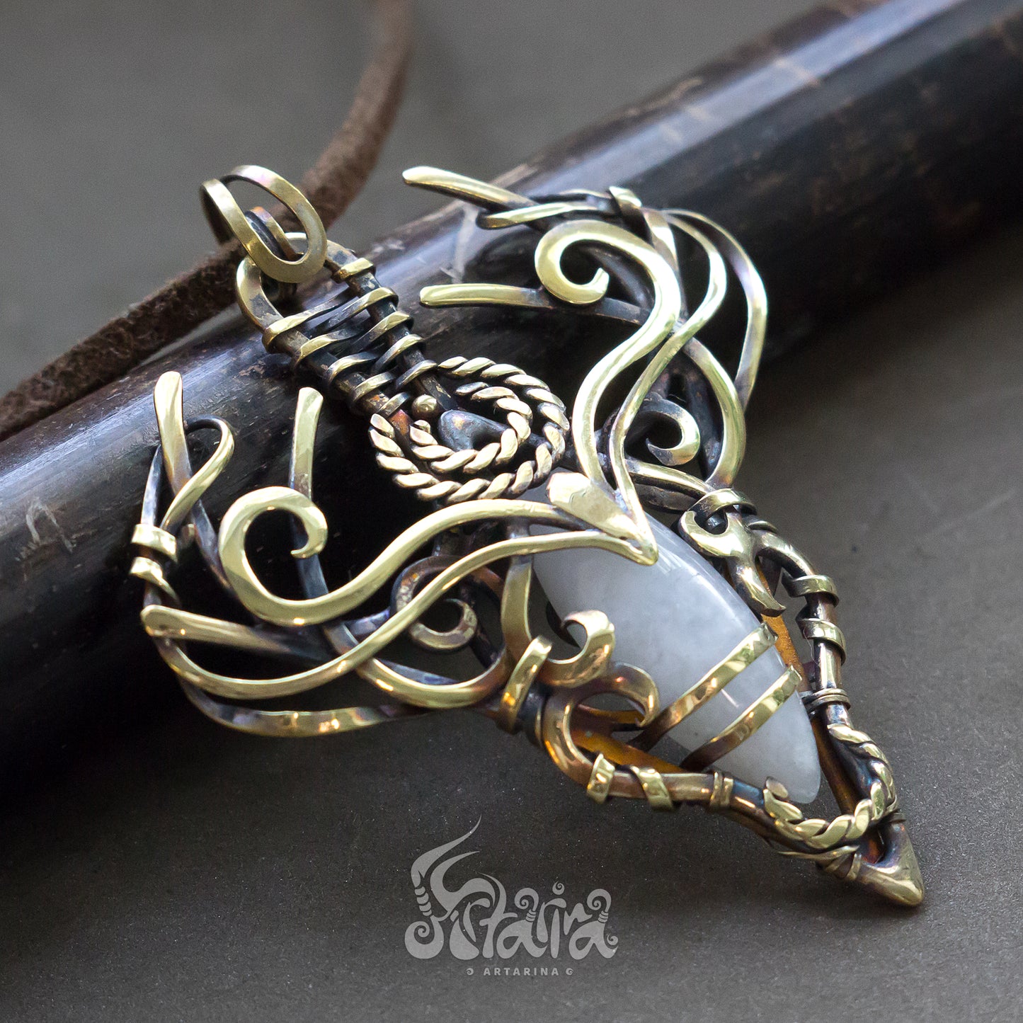 Brass Wire Wrapped Gemstone Pendant Golden colored Designer Pendant Gift For Her solid brass metalwork necklace with white moonstone Elven golden metalwork necklace JRPG jewelry fantasy geek nerd gift Dragon pendant by Artarina