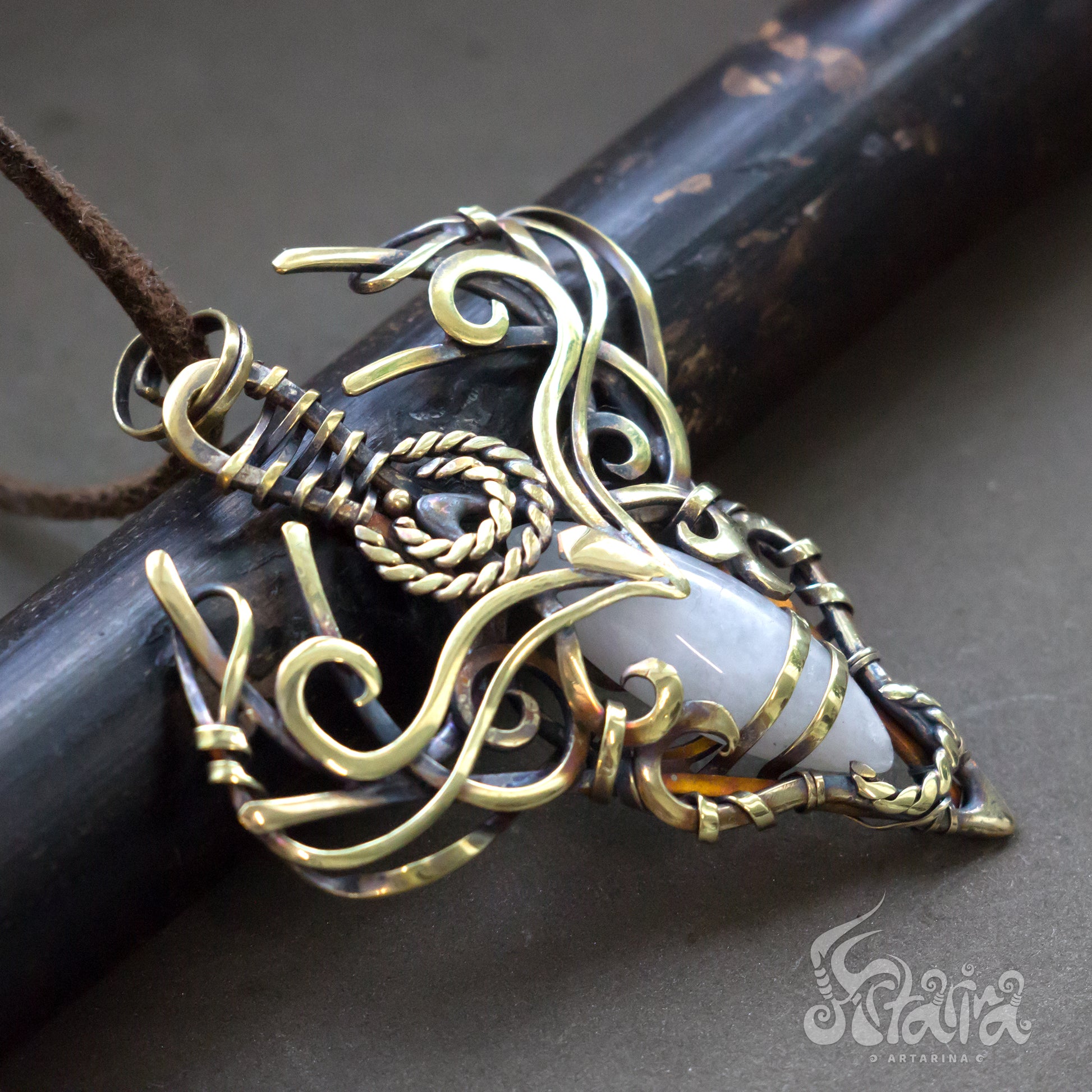 Brass Wire Wrapped Gemstone Pendant Golden colored Designer Pendant Gift For Her solid brass metalwork necklace with white moonstone Elven golden metalwork necklace JRPG jewelry fantasy geek nerd gift Dragon pendant by Artarina