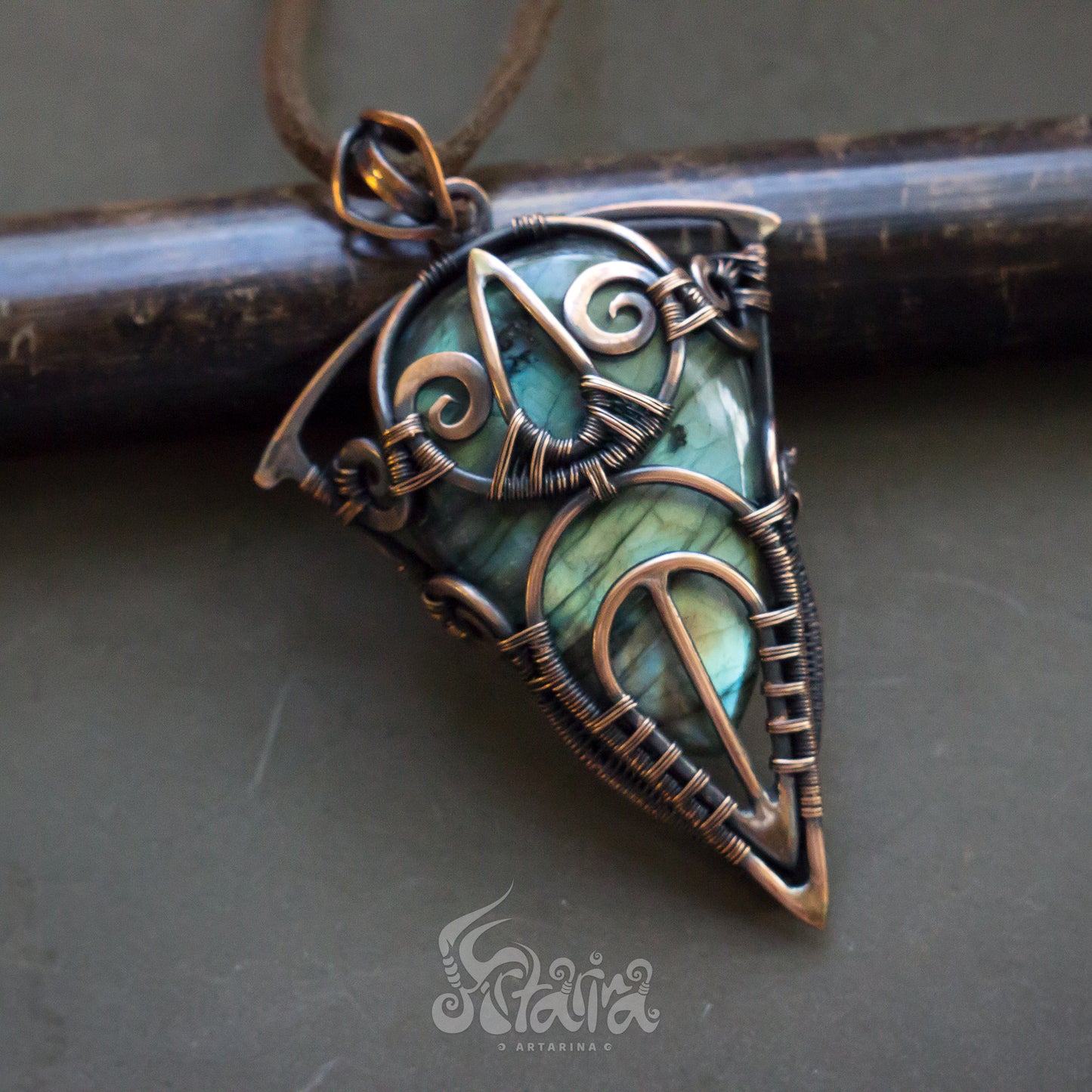 Wire wrapped pendant. Copper wire wrap stone pendant Mens wirewrapped natural big stone necklace Shiny blue and green wirework pendant Bold antiqued patinated copper necklace for man Gift for friend husband Unique designer mens necklace by Artarina