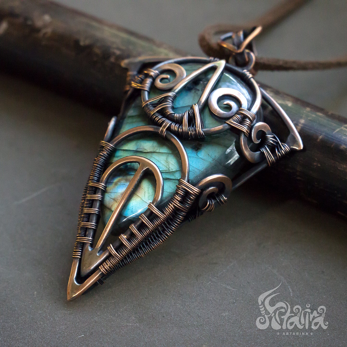 Wire wrapped pendant. Copper wire wrap stone pendant Mens wirewrapped natural big stone necklace Shiny blue and green wirework pendant Bold antiqued patinated copper necklace for man Gift for friend husband Unique designer mens necklace by Artarina