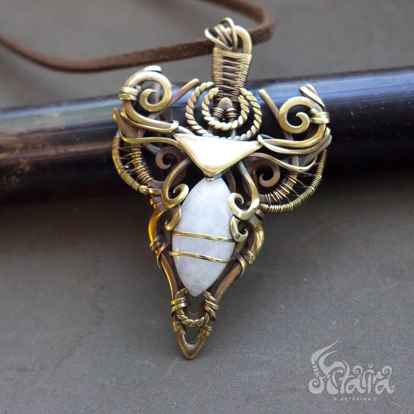 Brass Wire Wrapped Gemstone Pendant Golden colored Designer Pendant Gift For Her solid brass metalwork necklace with white moonstone