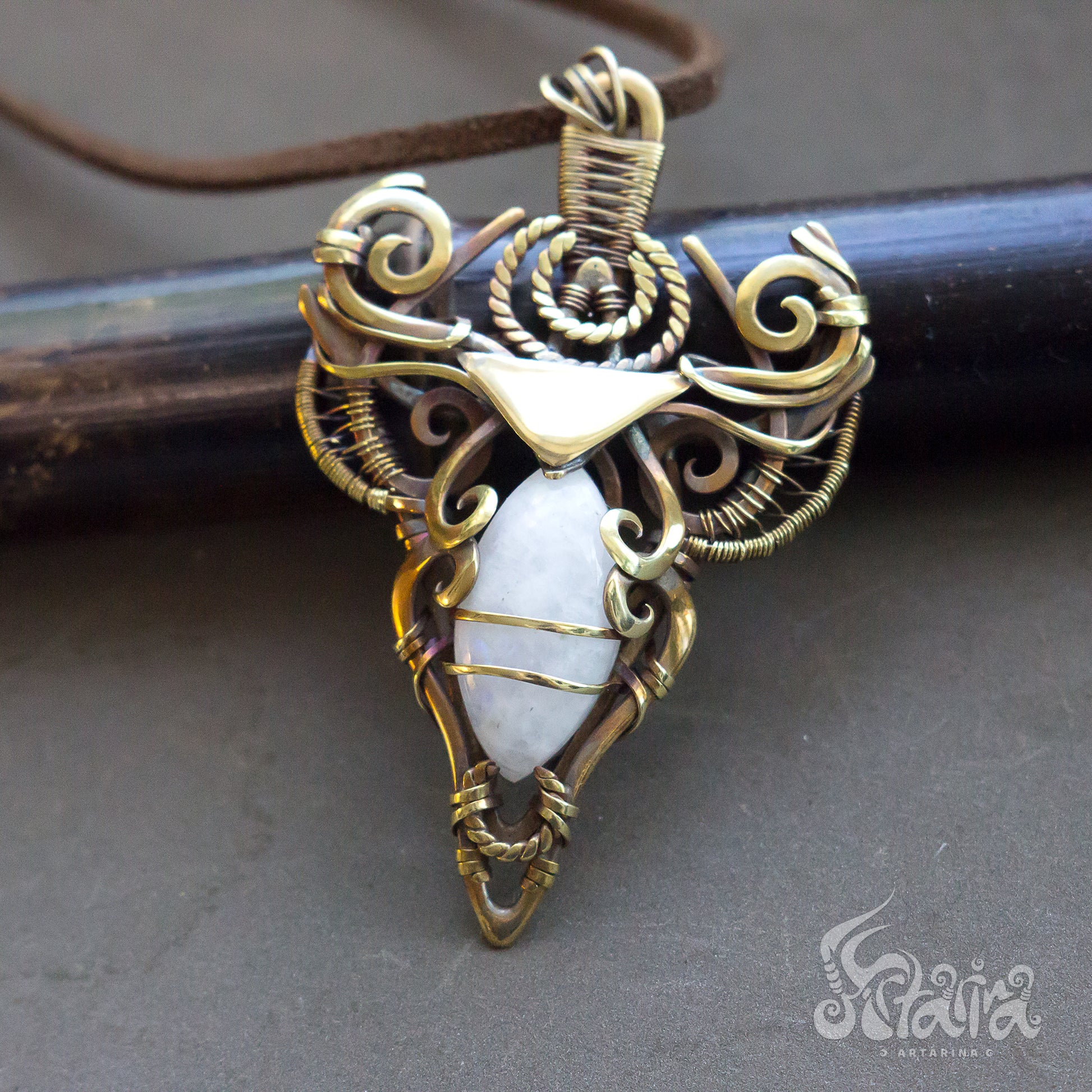 Brass Wire Wrapped Gemstone Pendant Golden colored Designer Pendant Gift For Her solid brass metalwork necklace with white moonstone