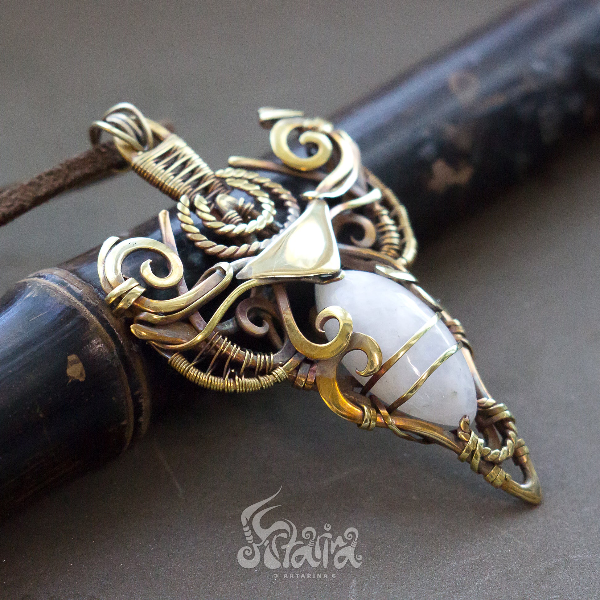 Brass Wire Wrapped Gemstone Pendant Golden colored Designer Pendant Gift For Her solid brass metalwork necklace with white moonstone