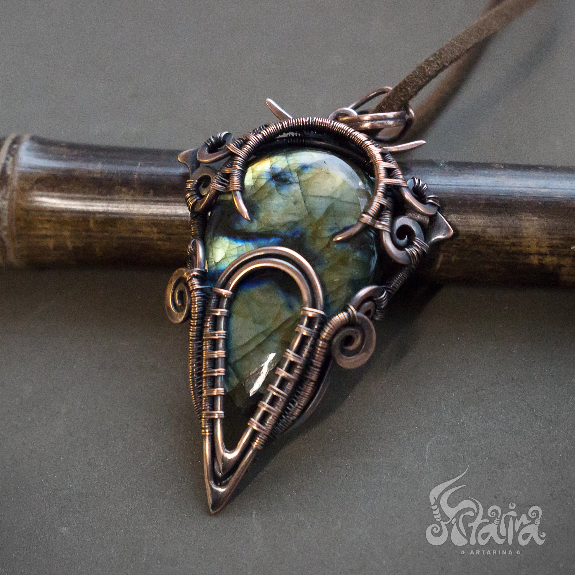 Wire wrapped pendant. Copper wire wrap stone pendant Mens wirewrapped natural big stone necklace Shiny blue and green wirework pendant Bold antiqued patinated copper necklace for man Gift for friend husband Unique designer mens necklace by Artarina