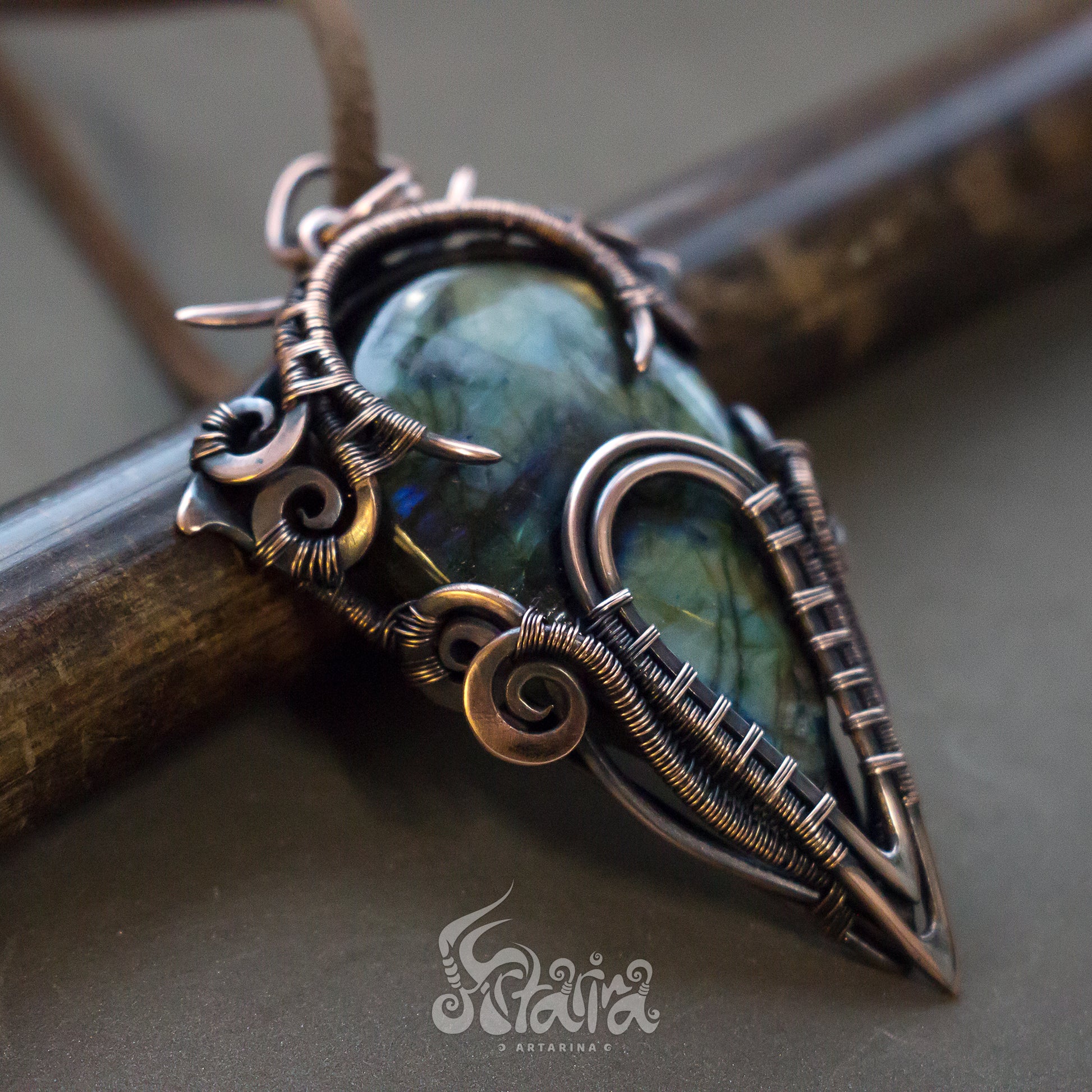 Wire wrapped pendant. Copper wire wrap stone pendant Mens wirewrapped natural big stone necklace Shiny blue and green wirework pendant Bold antiqued patinated copper necklace for man Gift for friend husband Unique designer mens necklace by Artarina