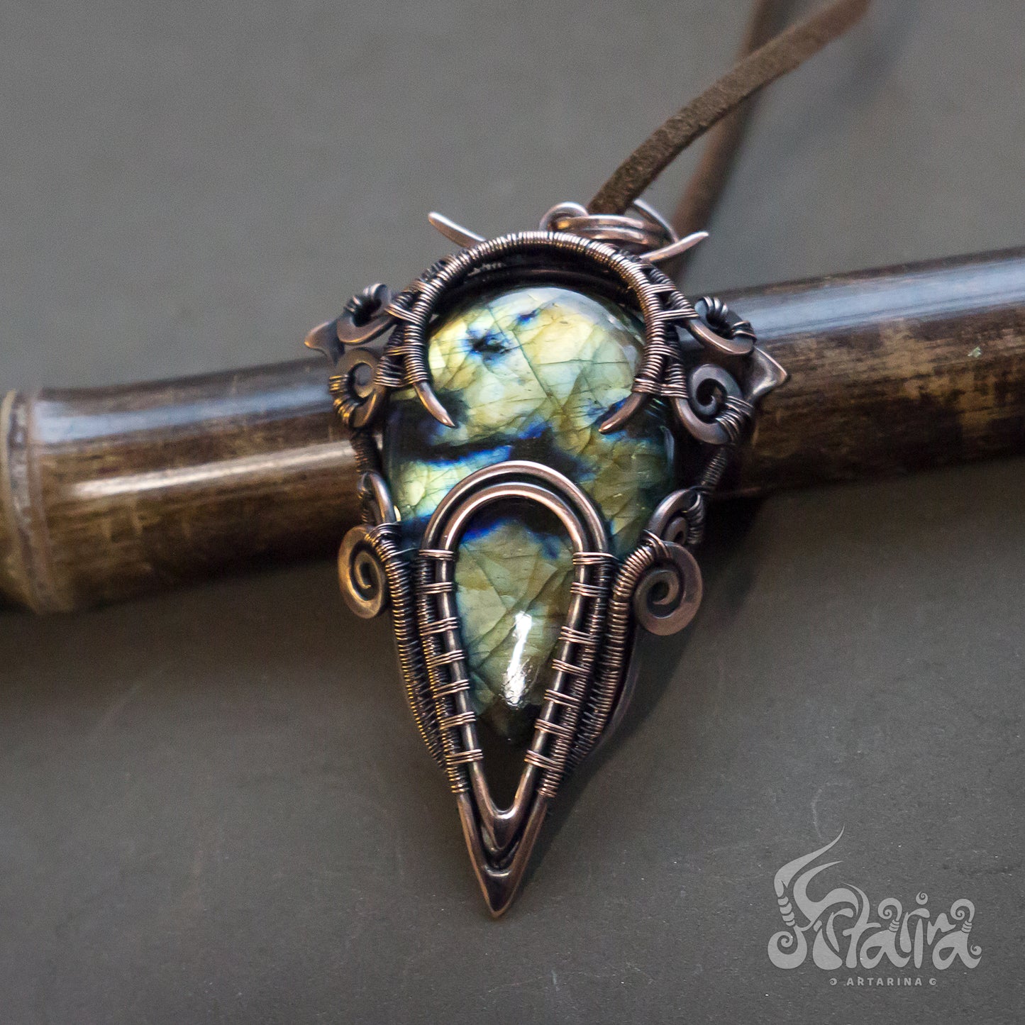Wire wrapped pendant. Copper wire wrap stone pendant Mens wirewrapped natural big stone necklace Shiny blue and green wirework pendant Bold antiqued patinated copper necklace for man Gift for friend husband Unique designer mens necklace by Artarina