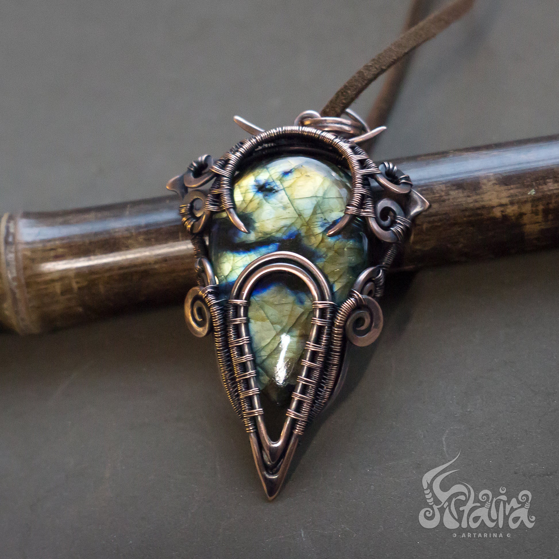 Wire wrapped pendant. Copper wire wrap stone pendant Mens wirewrapped natural big stone necklace Shiny blue and green wirework pendant Bold antiqued patinated copper necklace for man Gift for friend husband Unique designer mens necklace by Artarina
