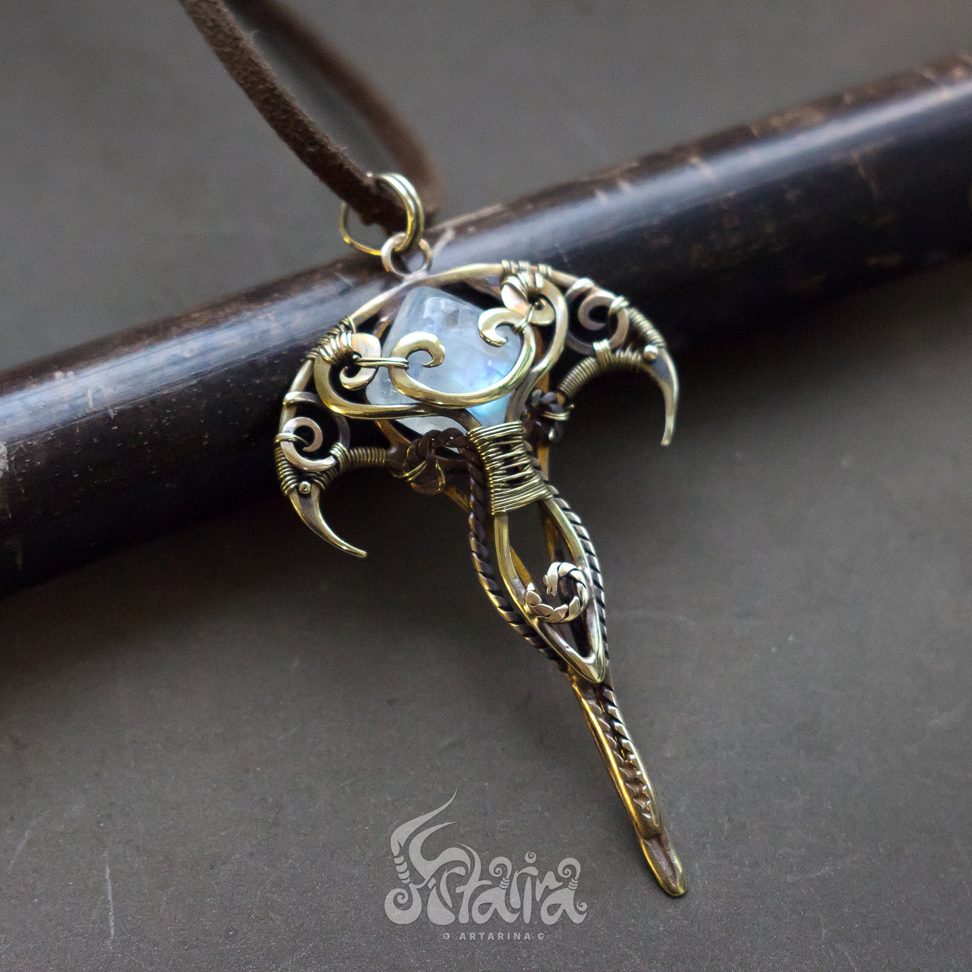 Brass Wire Wrapped Gemstone Pendant Golden colored Designer Pendant Gift For Her solid brass metalwork necklace with white moonstone Elven golden metalwork necklace JRPG jewelry fantasy geek nerd gift Dragon pendant by Artarina