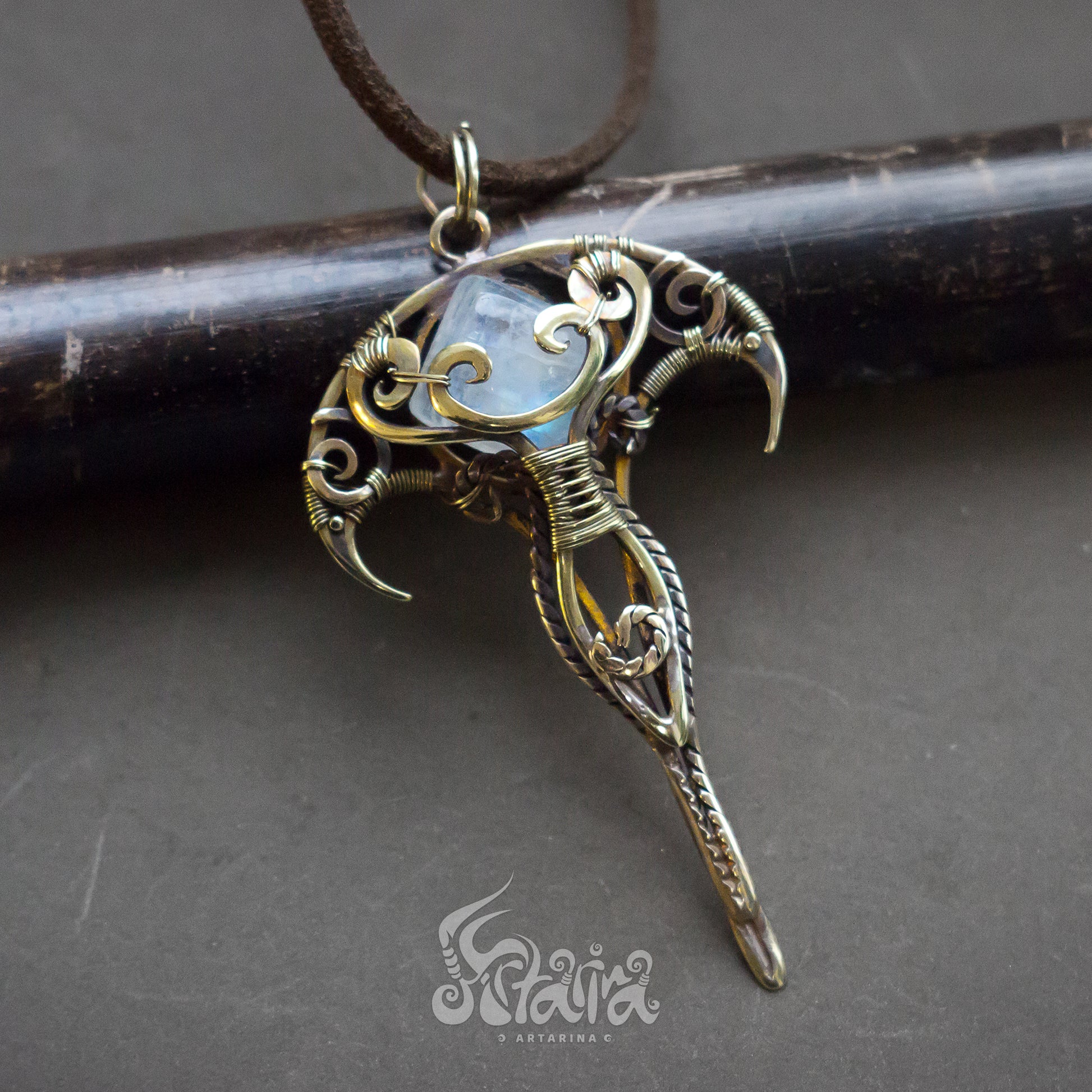 Brass Wire Wrapped Gemstone Pendant Golden colored Designer Pendant Gift For Her solid brass metalwork necklace with white moonstone Elven golden metalwork necklace JRPG jewelry fantasy geek nerd gift Dragon pendant by Artarina