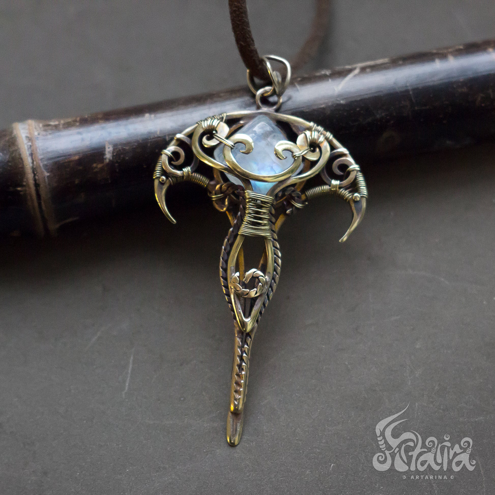 Brass Wire Wrapped Gemstone Pendant Golden colored Designer Pendant Gift For Her solid brass metalwork necklace with white moonstone Elven golden metalwork necklace JRPG jewelry fantasy geek nerd gift Dragon pendant by Artarina