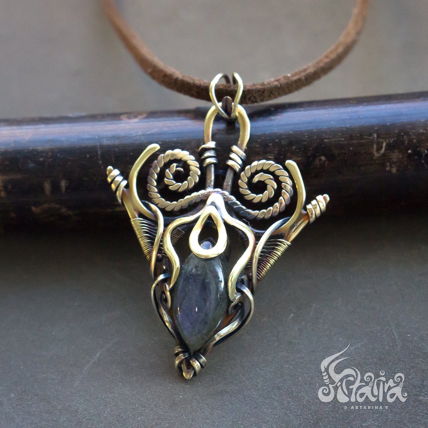 Brass Wire Wrapped Gemstone Pendant Golden colored Designer Pendant Gift For Her solid brass metalwork necklace with blue labradorite