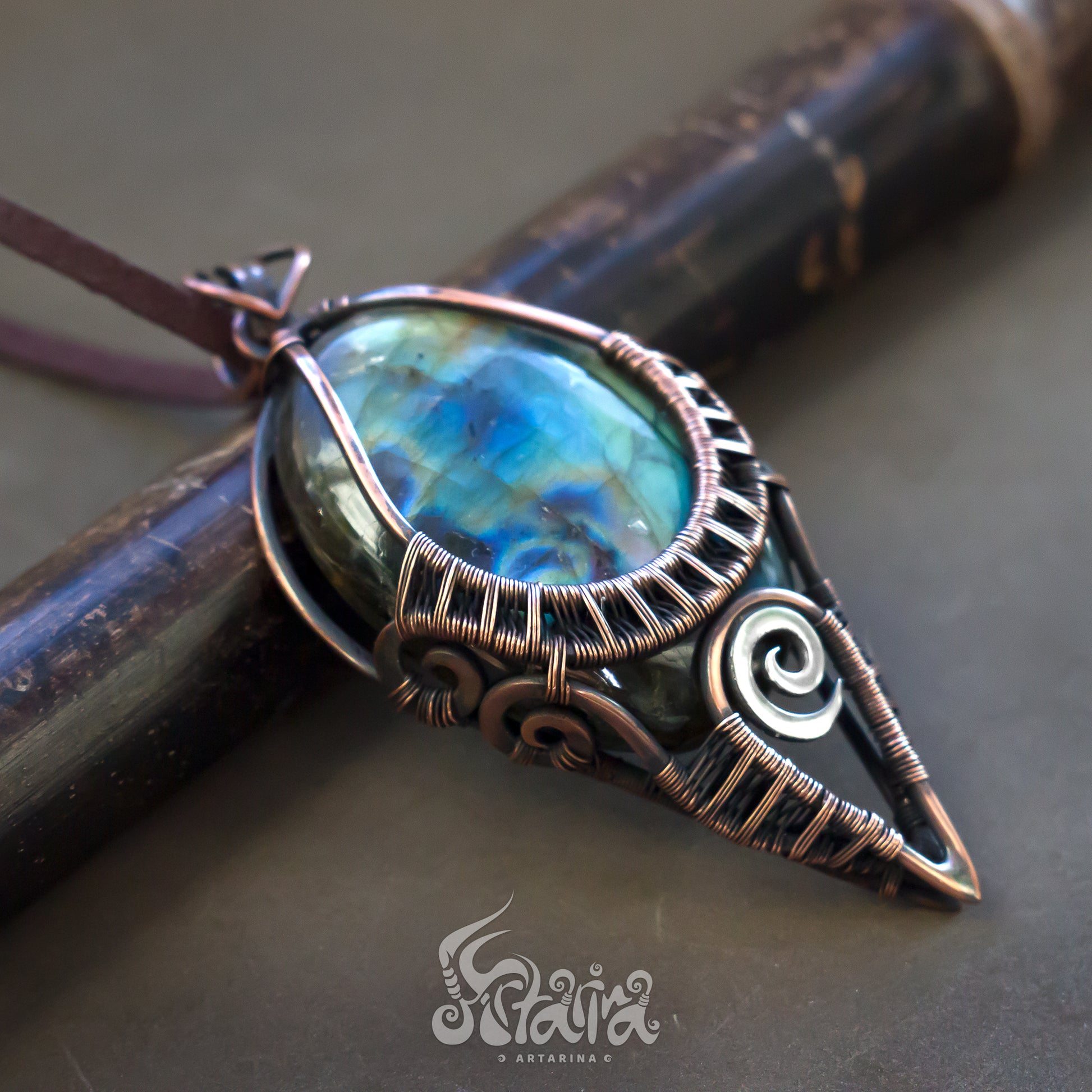 Wire wrapped jewelry for men. Intricate filigree hand weaved pendant with blue and green stone. Dark brown patina freeform necklace