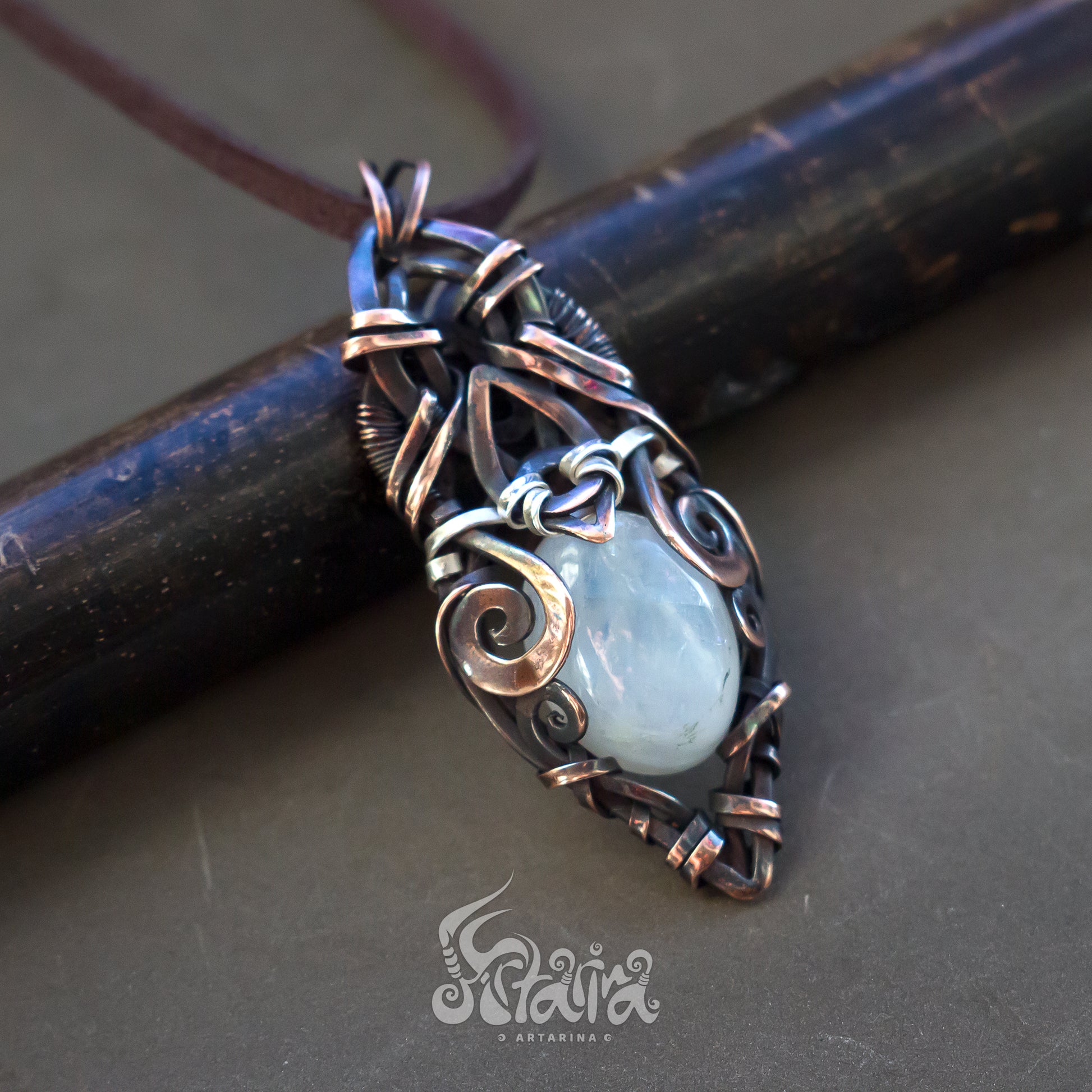 Moonstone and Copper Rustic pendant Alternative jewelry | New age jewelry | Wire weaved unique pendant necklace